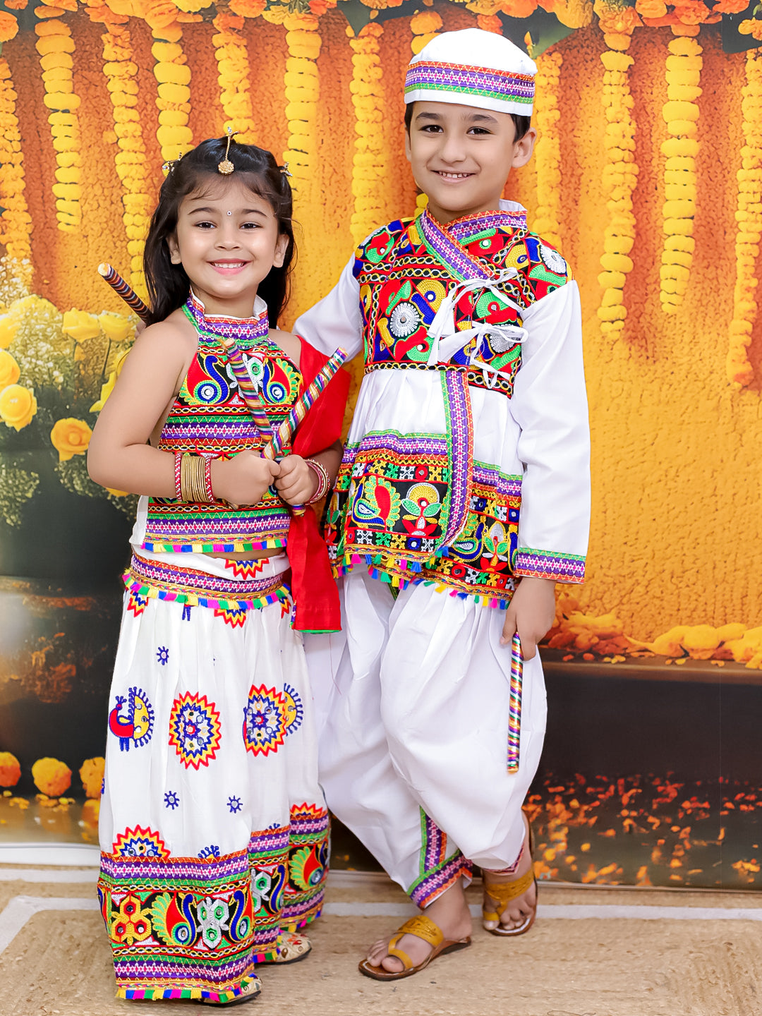 Embroidered Kedia Dhoti Cap Set for Boys with Embroidered Lehenga Halter Neck Choli Dupatta Set for Girls- White