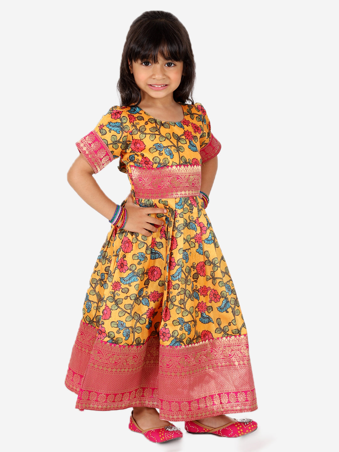 BownBee Kalamkari Print Party Dress Gown for Girls and Printed Jacket with Kurta Pajama for Boys- Yellow