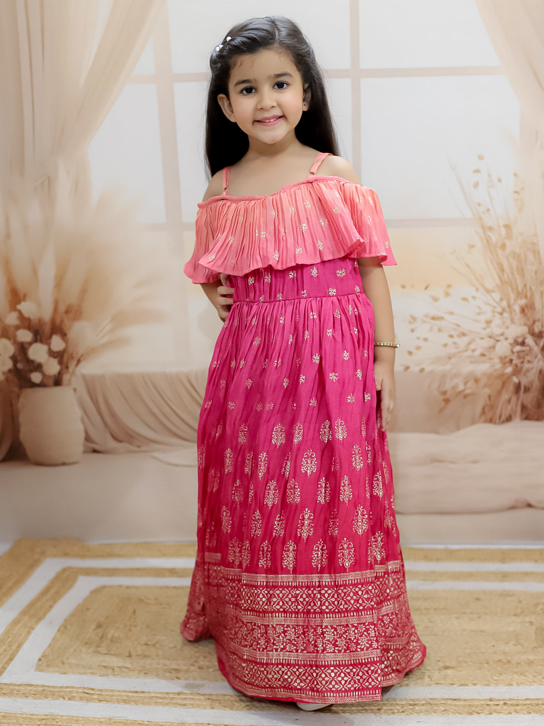 BownBee Sibling Set Shaded Long Jacket with Cotton Kurta Pajama with Off Shoulder Gown Dress