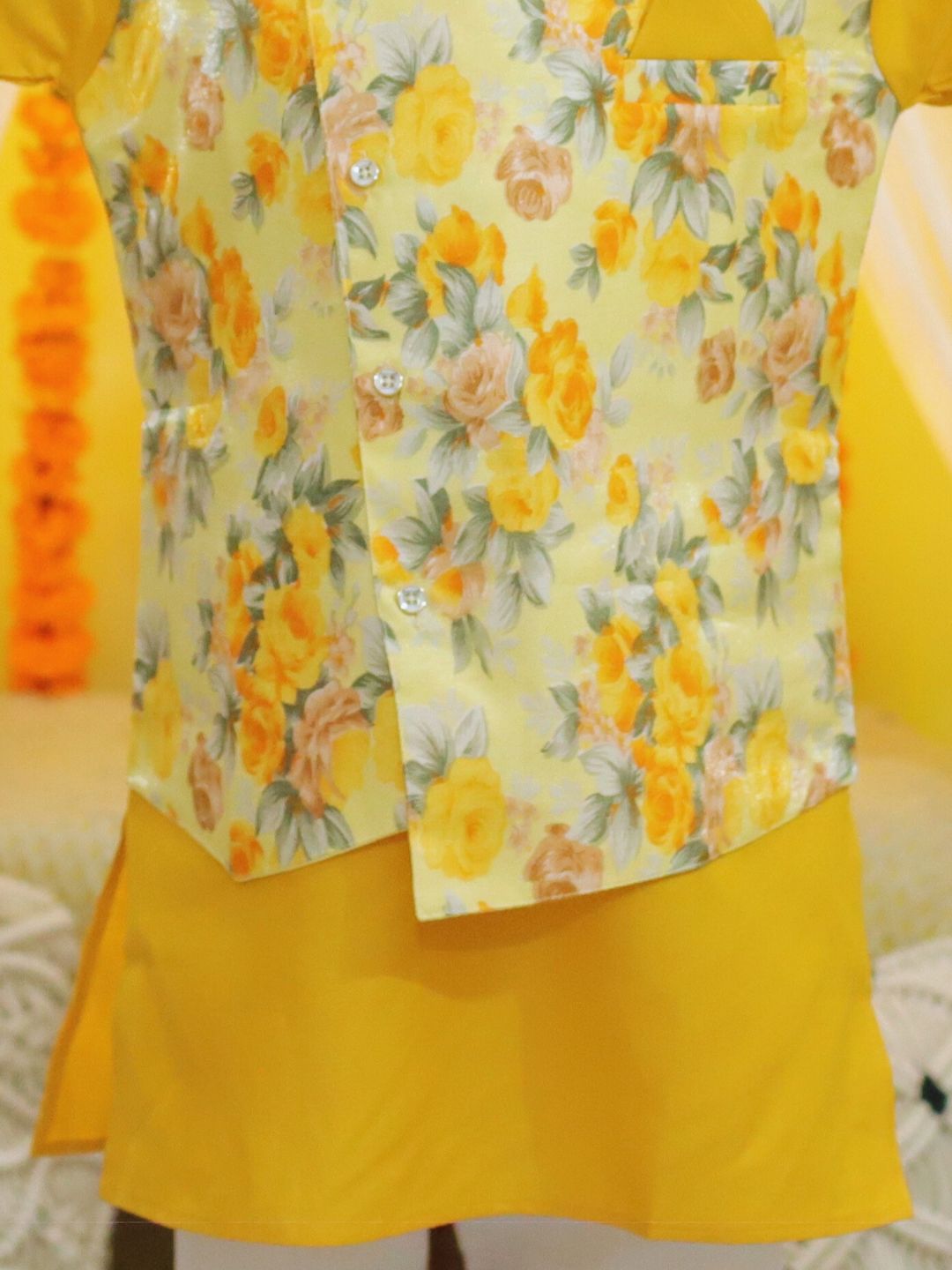 BownBee Boys  Ethnic Attached Floral printed Jacket Cotton Kurta Pajama -Yellow
