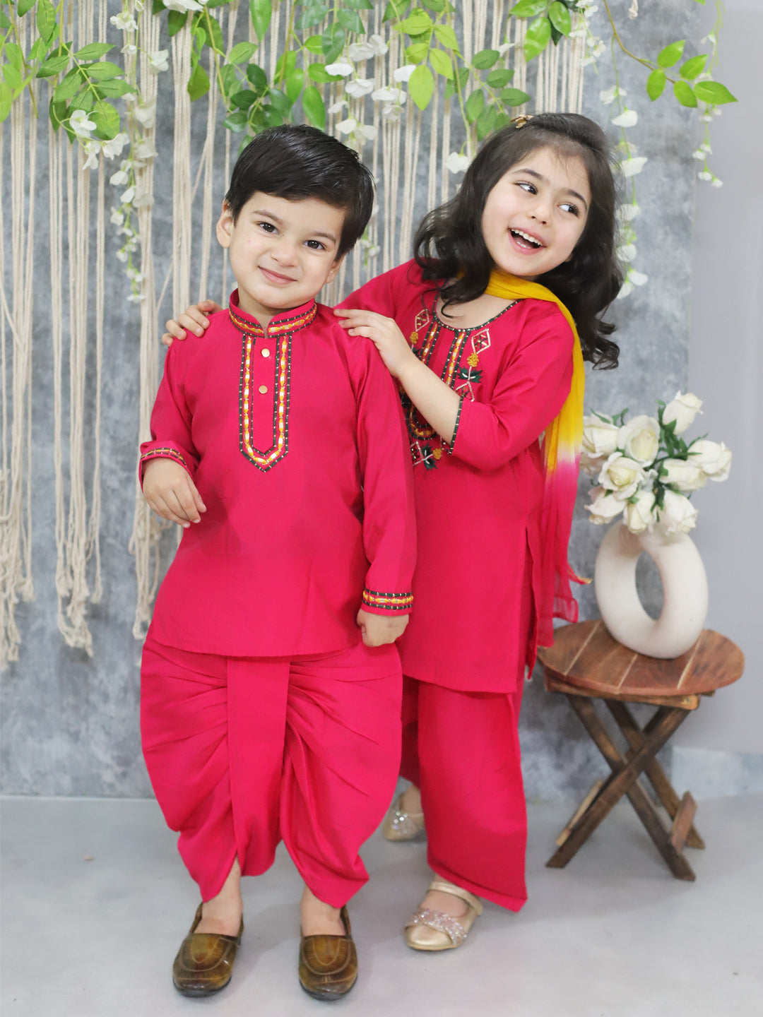 BownBee Sibling Set Embroidered Full Sleeve Dhoti Kurta for Boys and Embroidered Kurti with Salwar and Dupatta for Girls- Pink