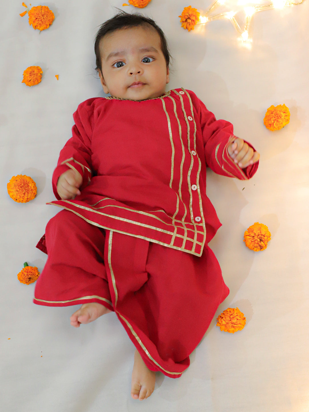 BownBee Pure Cotton Full Sleeve Dhoti Kurta with Booties for Baby Boy- Red