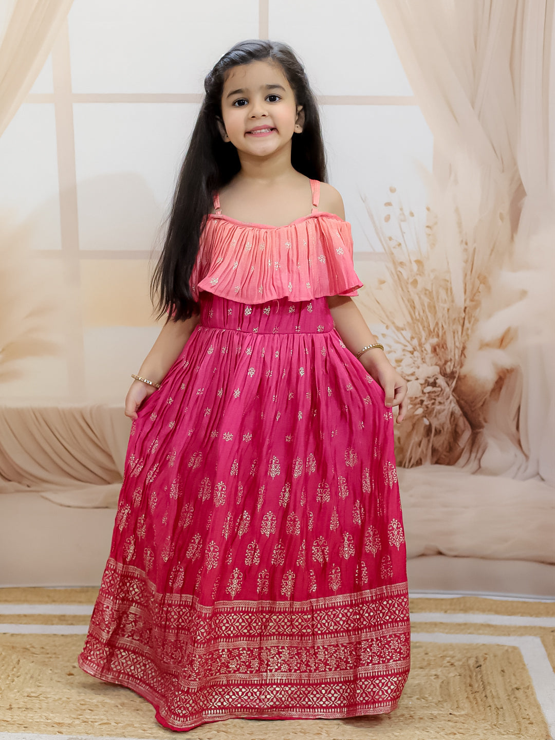 BownBee Sibling Set Shaded Long Jacket with Cotton Kurta Pajama with Off Shoulder Gown Dress