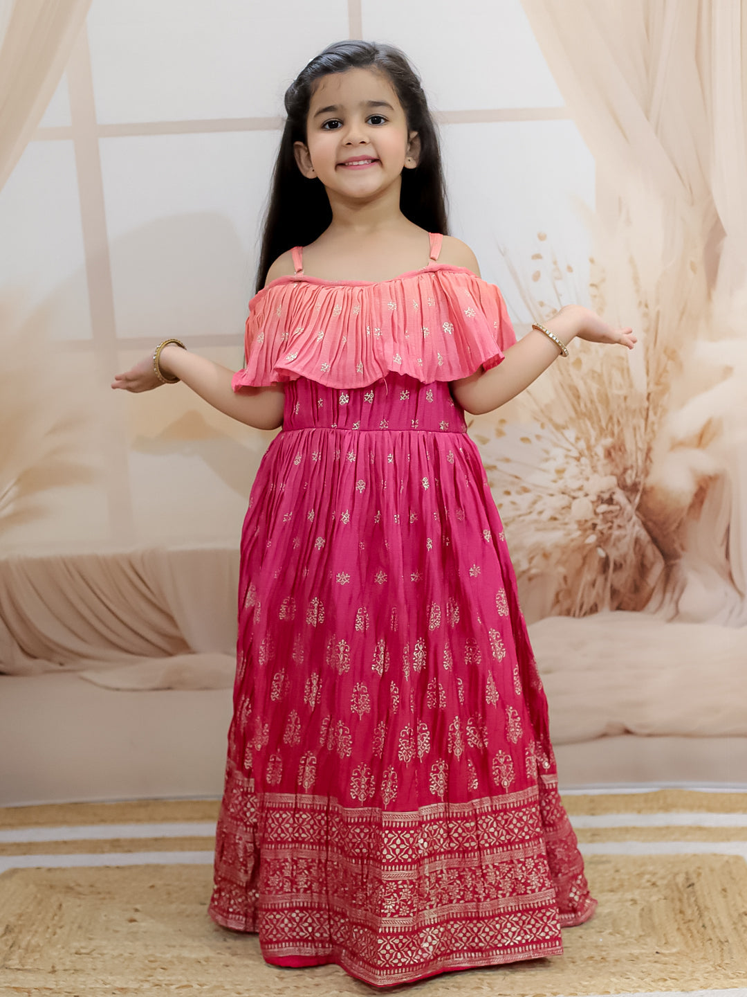 BownBee Sibling Set Shaded Long Jacket with Cotton Kurta Pajama with Off Shoulder Gown Dress