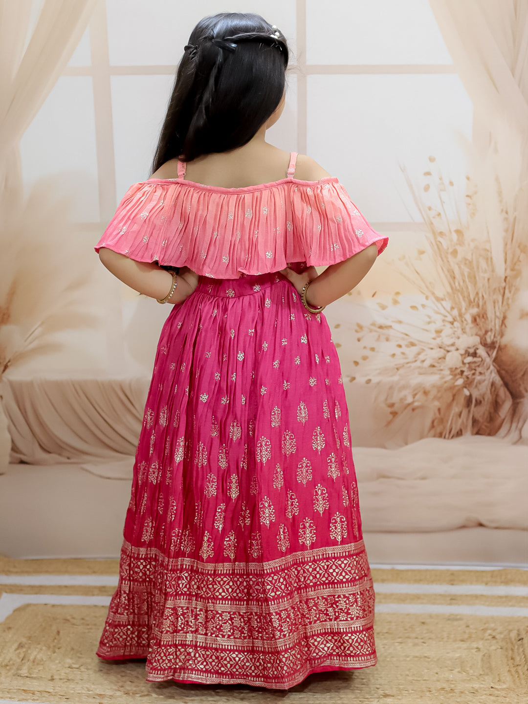 BownBee Sibling Set Shaded Long Jacket with Cotton Kurta Pajama with Off Shoulder Gown Dress