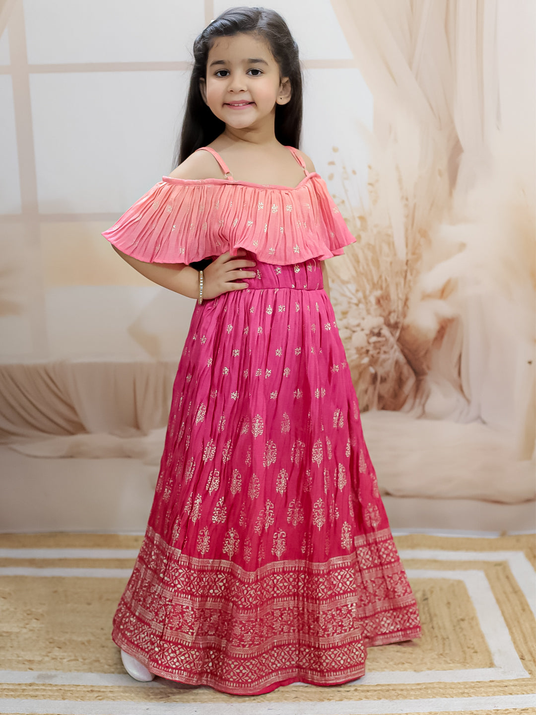 BownBee Sibling Set Shaded Long Jacket with Cotton Kurta Pajama with Off Shoulder Gown Dress