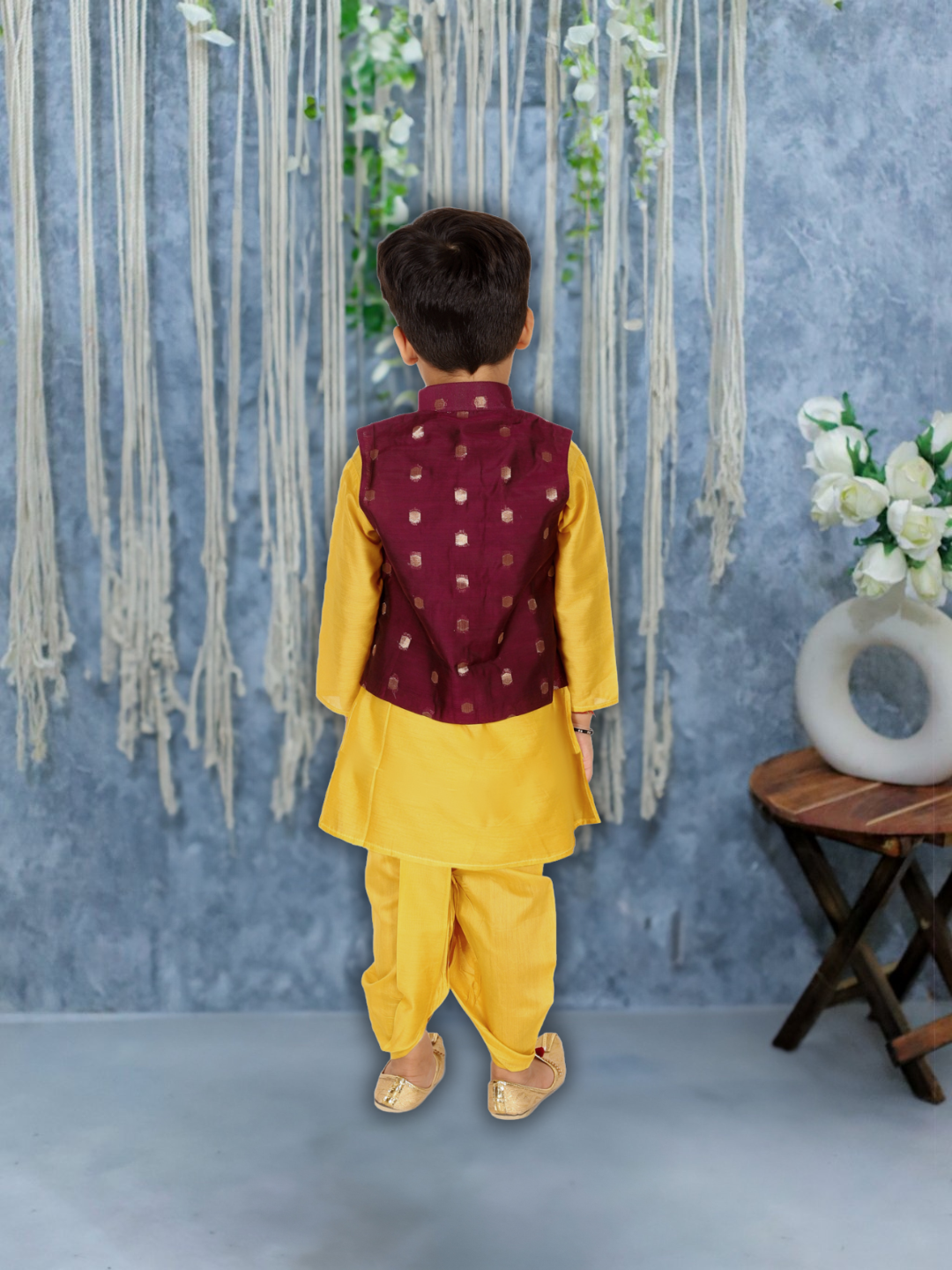 BownBee Chanderi Jacket with Chanderi Dhoti Kurta for Boys- Purple