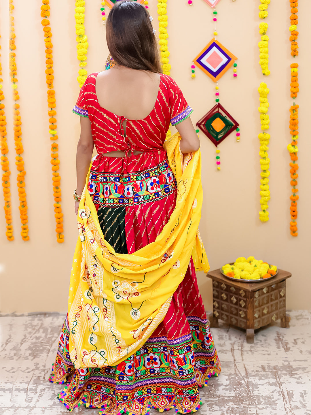 BownBee Embroidered Printed Cotton Chaniya Choli Dupatta  Set For Girls - Red