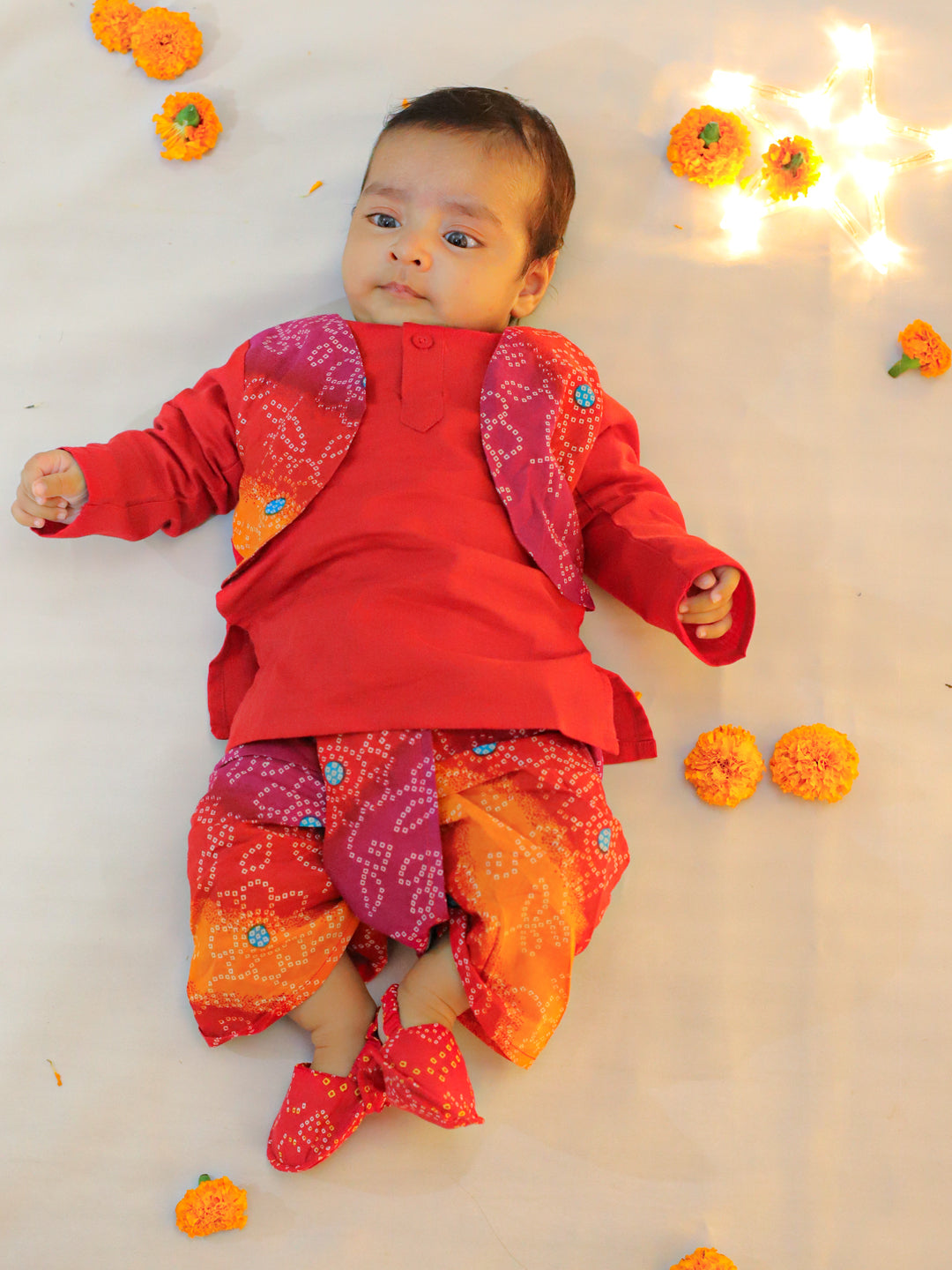 BownBee Pure Cotton Attached Jacket Dhoti Kurta With Booties for Baby Boy- Red