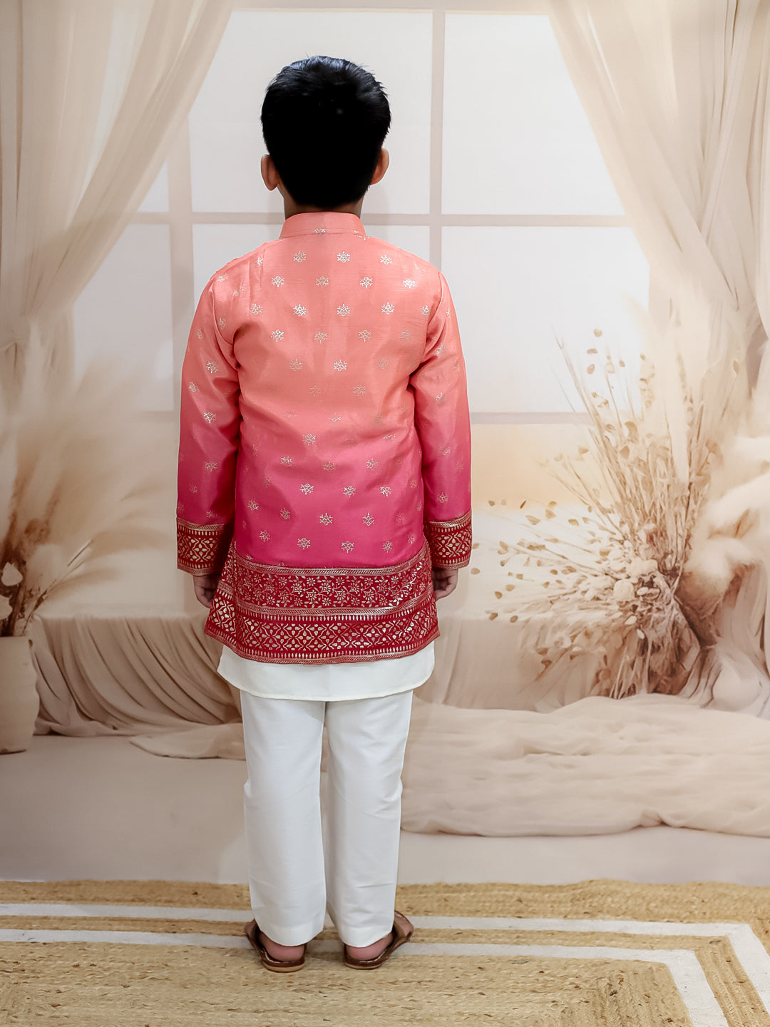 BownBee Sibling Set Shaded Long Jacket with Cotton Kurta Pajama with Off Shoulder Gown Dress