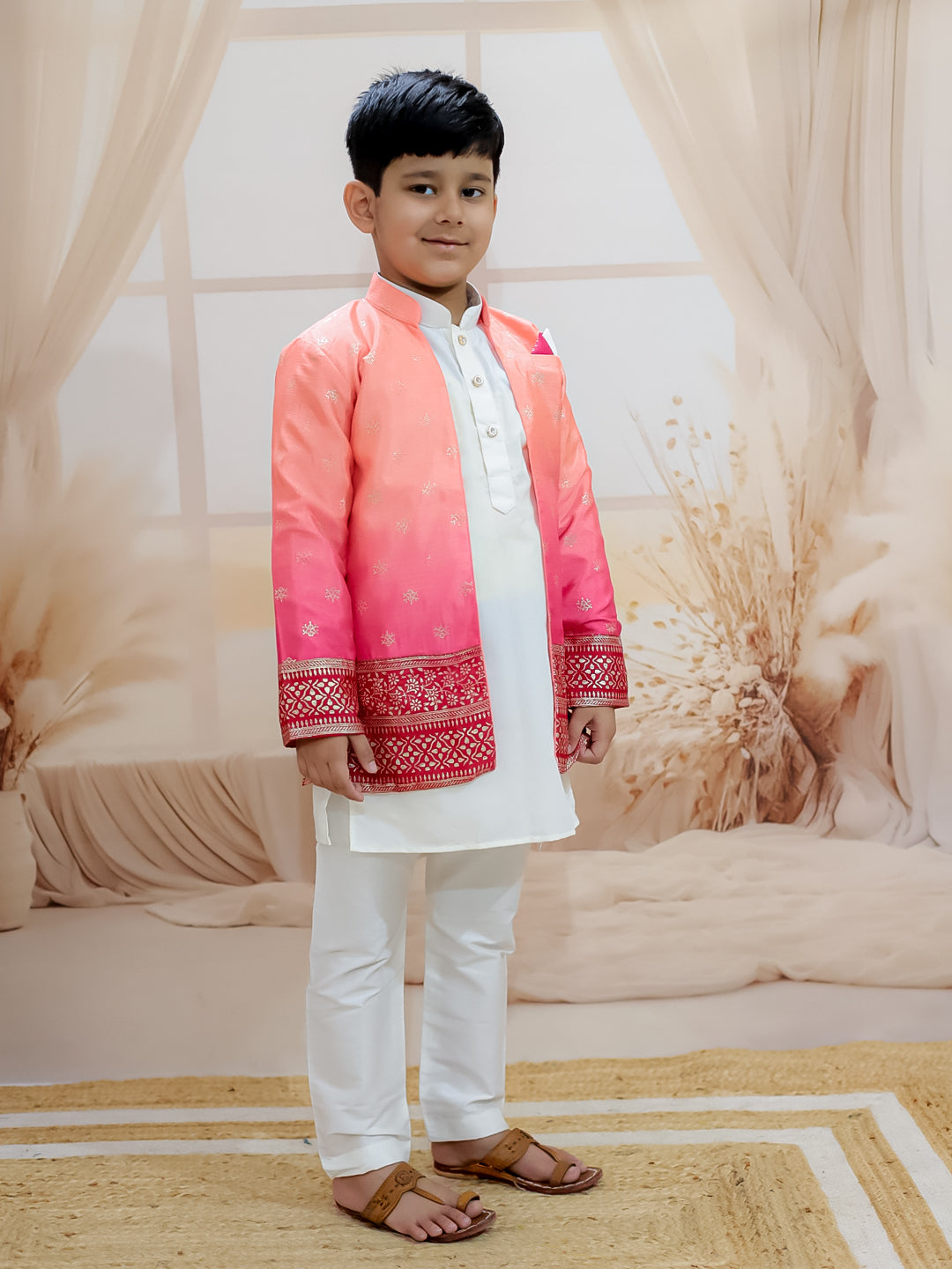 BownBee Sibling Set Shaded Long Jacket with Cotton Kurta Pajama with Off Shoulder Gown Dress