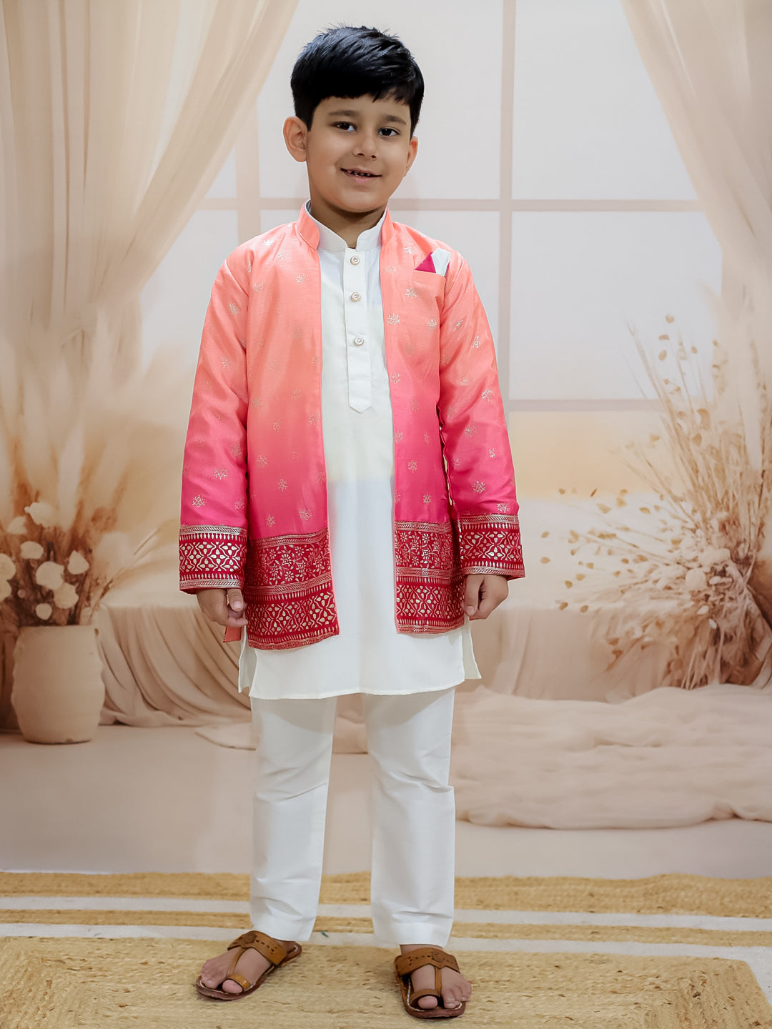 BownBee Sibling Set Shaded Long Jacket with Cotton Kurta Pajama with Off Shoulder Gown Dress