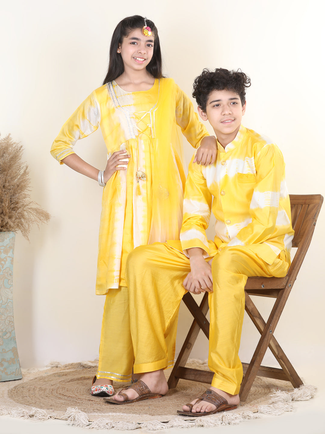 BownBee Sibling Hand Dyed Chanderi Silk Sherwani Salwar For Boys-Kurti Pant with Dupatta for Girls Yellow