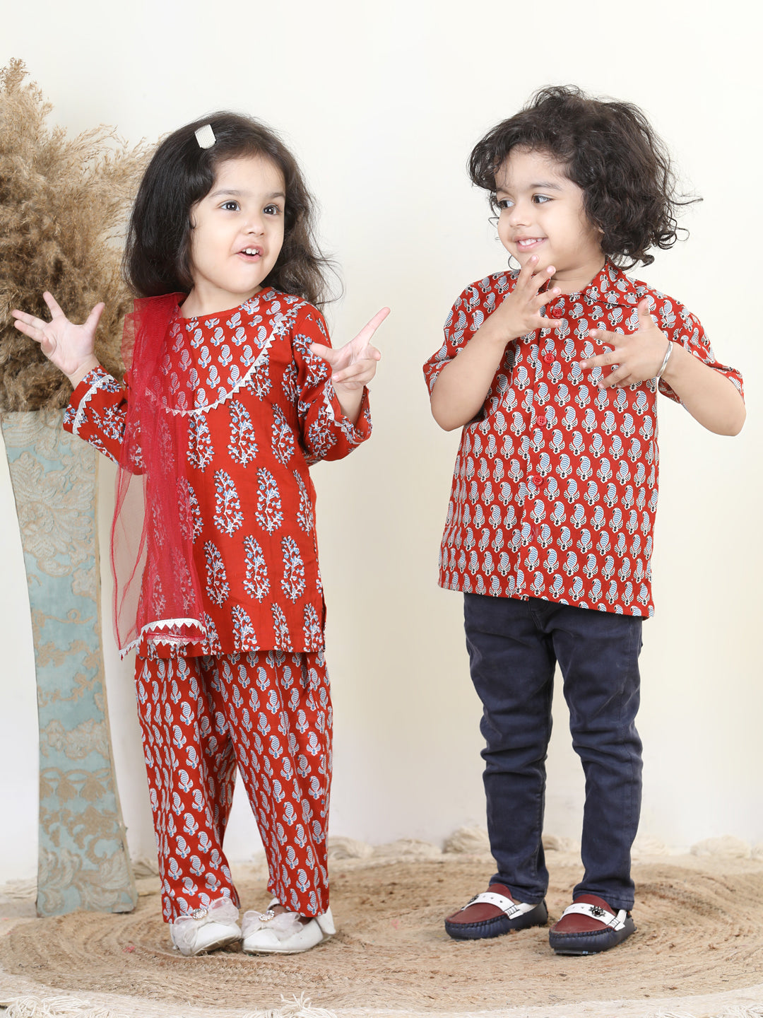 BownBee Sibling sets Pure Cotton Shirt and Kurti with Pant & Dupatta for Girls- Maroon