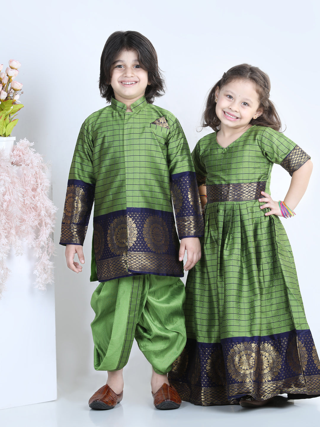 Bownee Sibling Green Sherwani Dhoti Half Sleeve Indian Party Wear Dresses Green