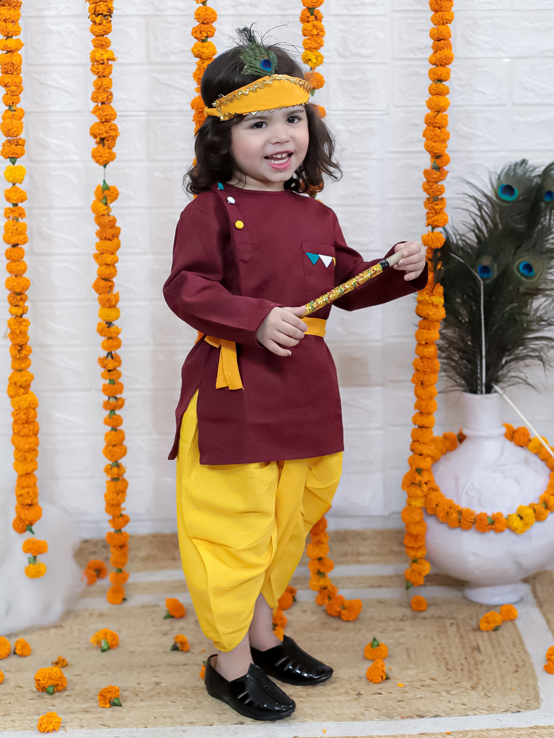 BownBee Cotton Full Sleeve Kurta Dhoti with Mukut Belt and Bansuri Kanhaiya Set  For Janmashtami