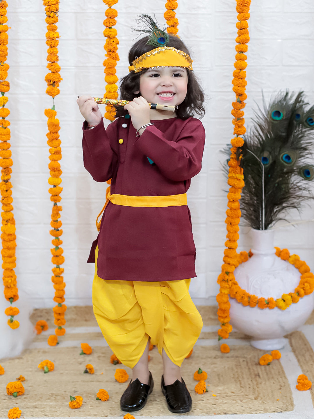 BownBee Cotton Full Sleeve Kurta Dhoti with Mukut Belt and Bansuri Kanhaiya Set  For Janmashtami