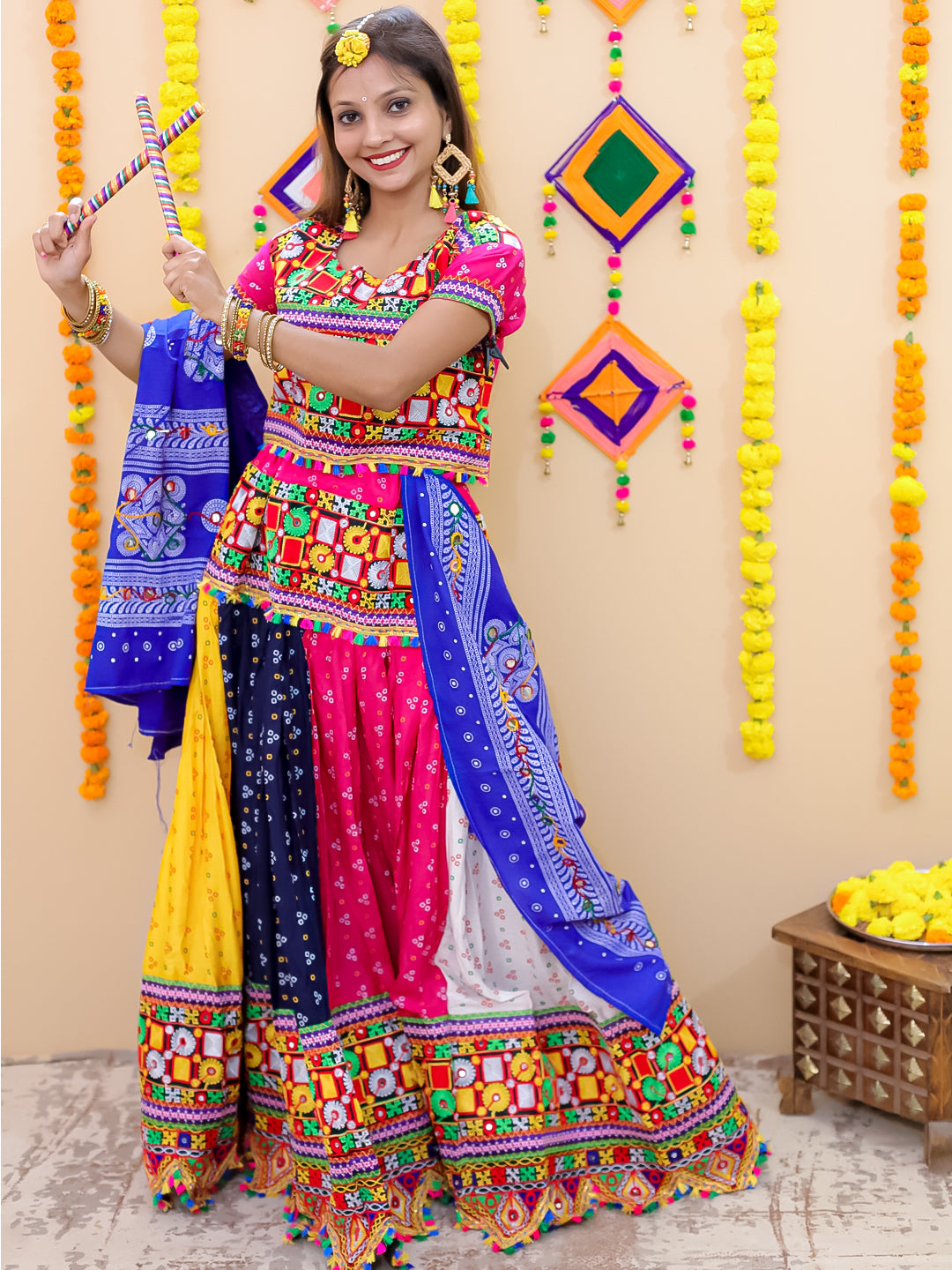 BownBee Embroidered Printed Cotton Chaniya Choli Dupatta  Set For Girls - Pink