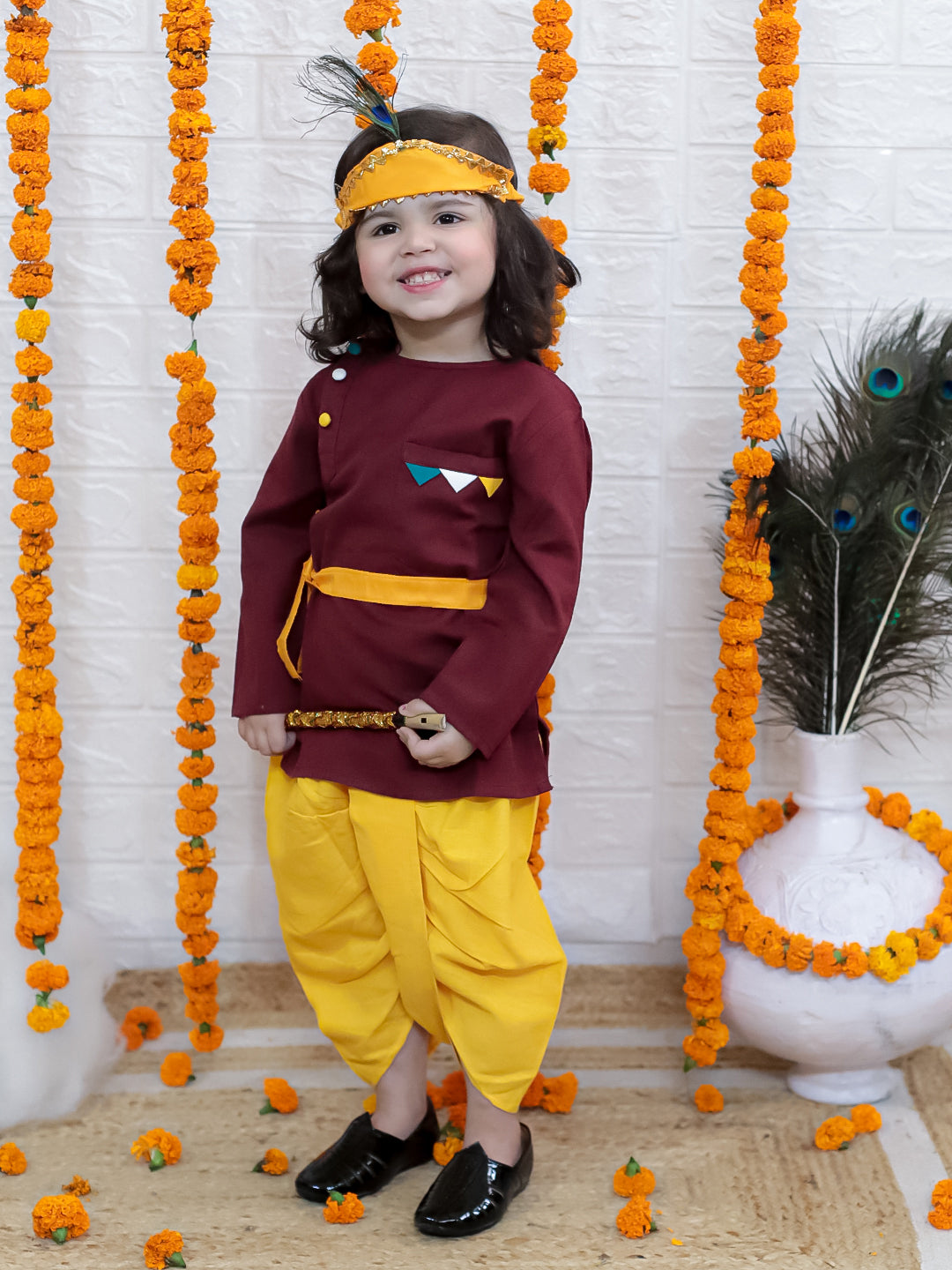 BownBee Cotton Full Sleeve Kurta Dhoti with Mukut Belt and Bansuri Kanhaiya Set  For Janmashtami