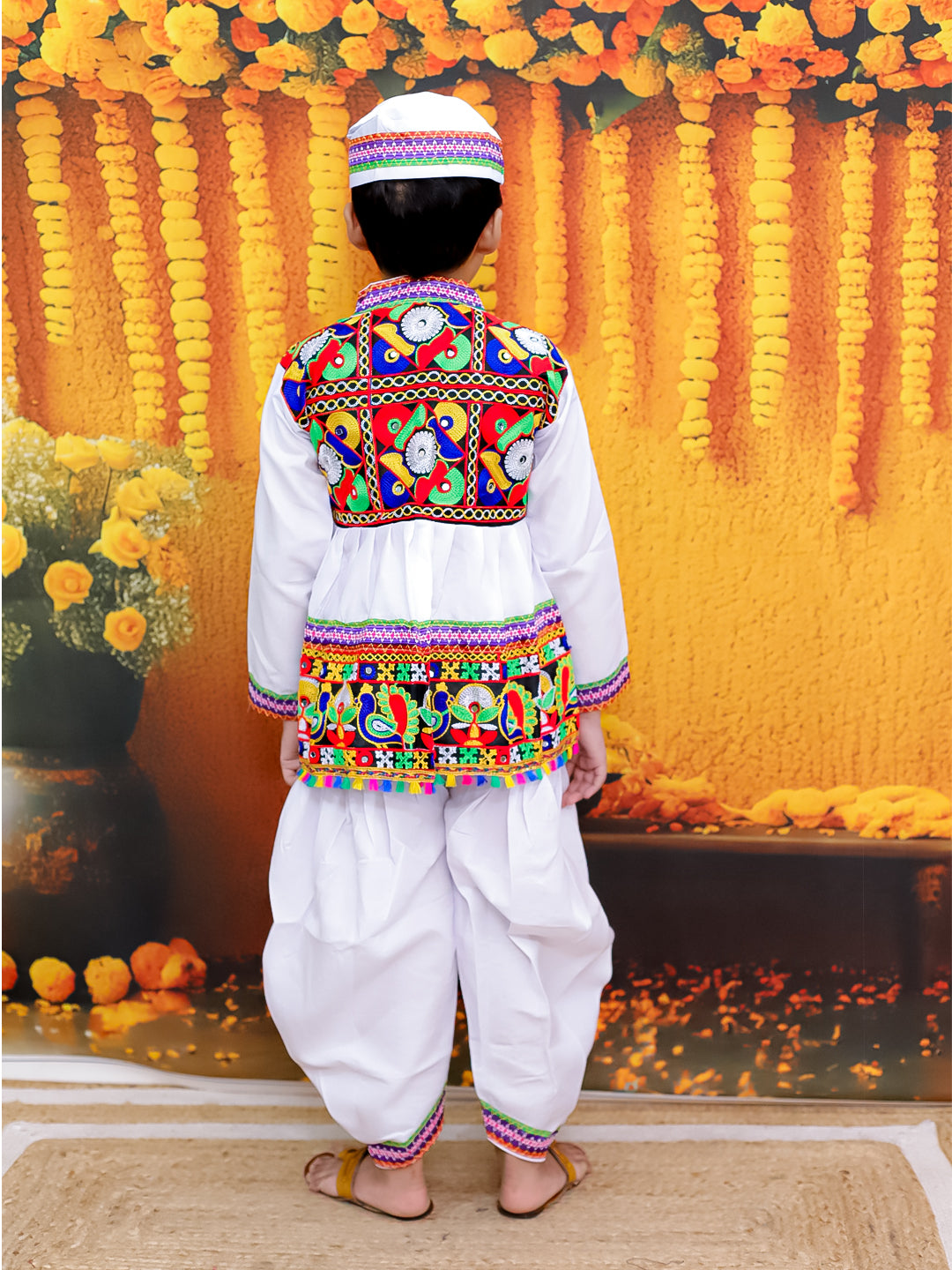 Embroidered Kedia Dhoti Cap Set for Boys with Embroidered Lehenga Half Sleeve Choli Dupatta Set for Girls- White