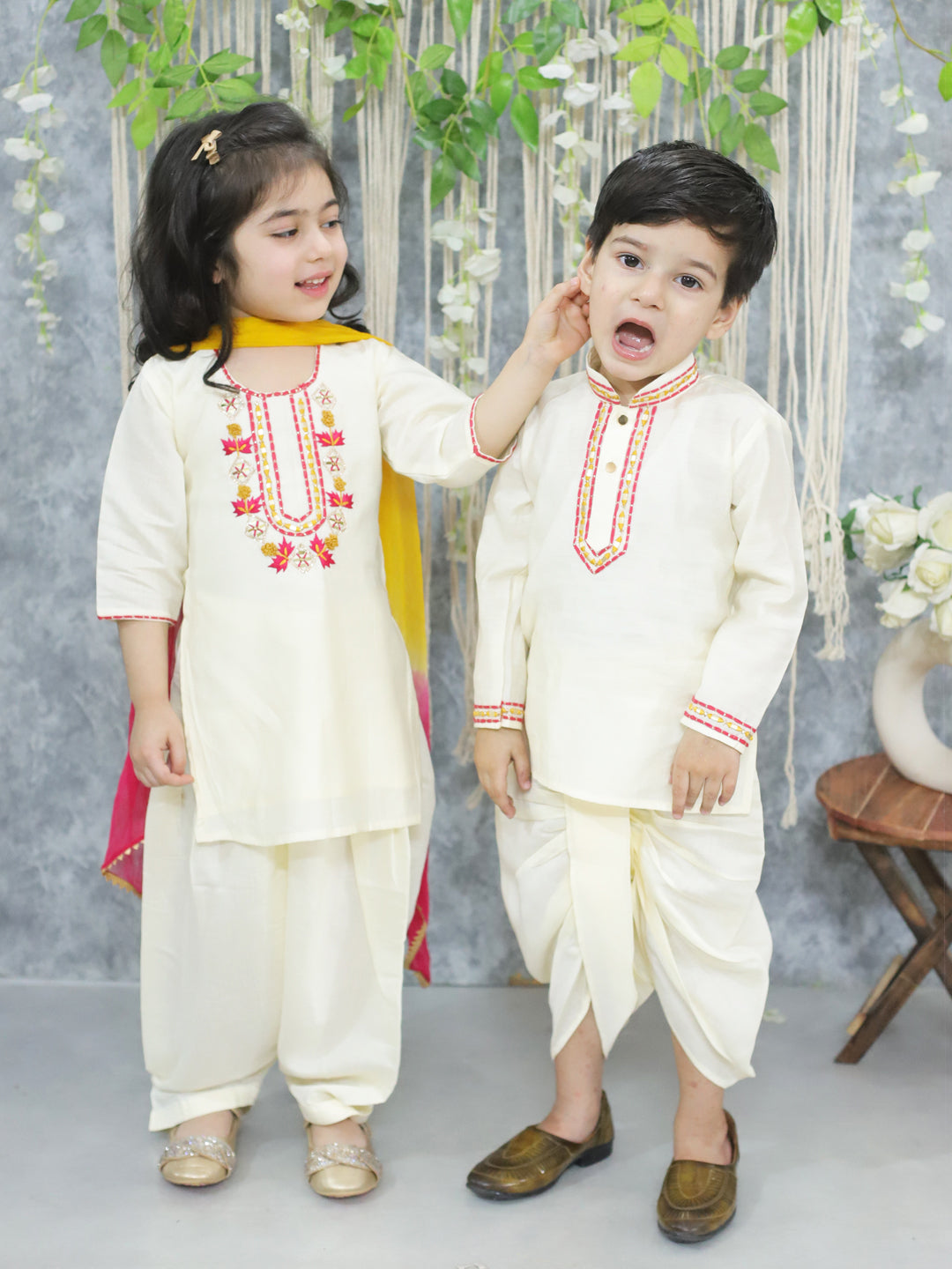 BownBee Sibling Set Embroidered Full Sleeve Dhoti Kurta for Boys and Embroidered Kurti with Salwar and Dupatta for Girls- White