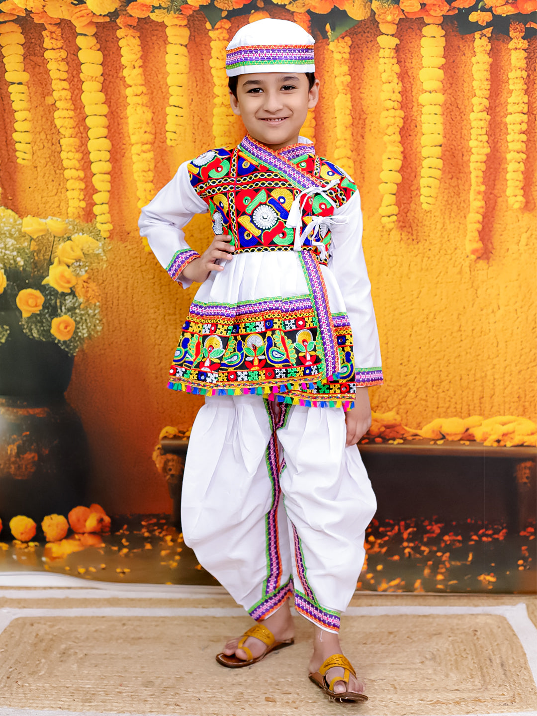 Embroidered Kedia Dhoti Cap Set for Boys with Embroidered Lehenga Half Sleeve Choli Dupatta Set for Girls- White