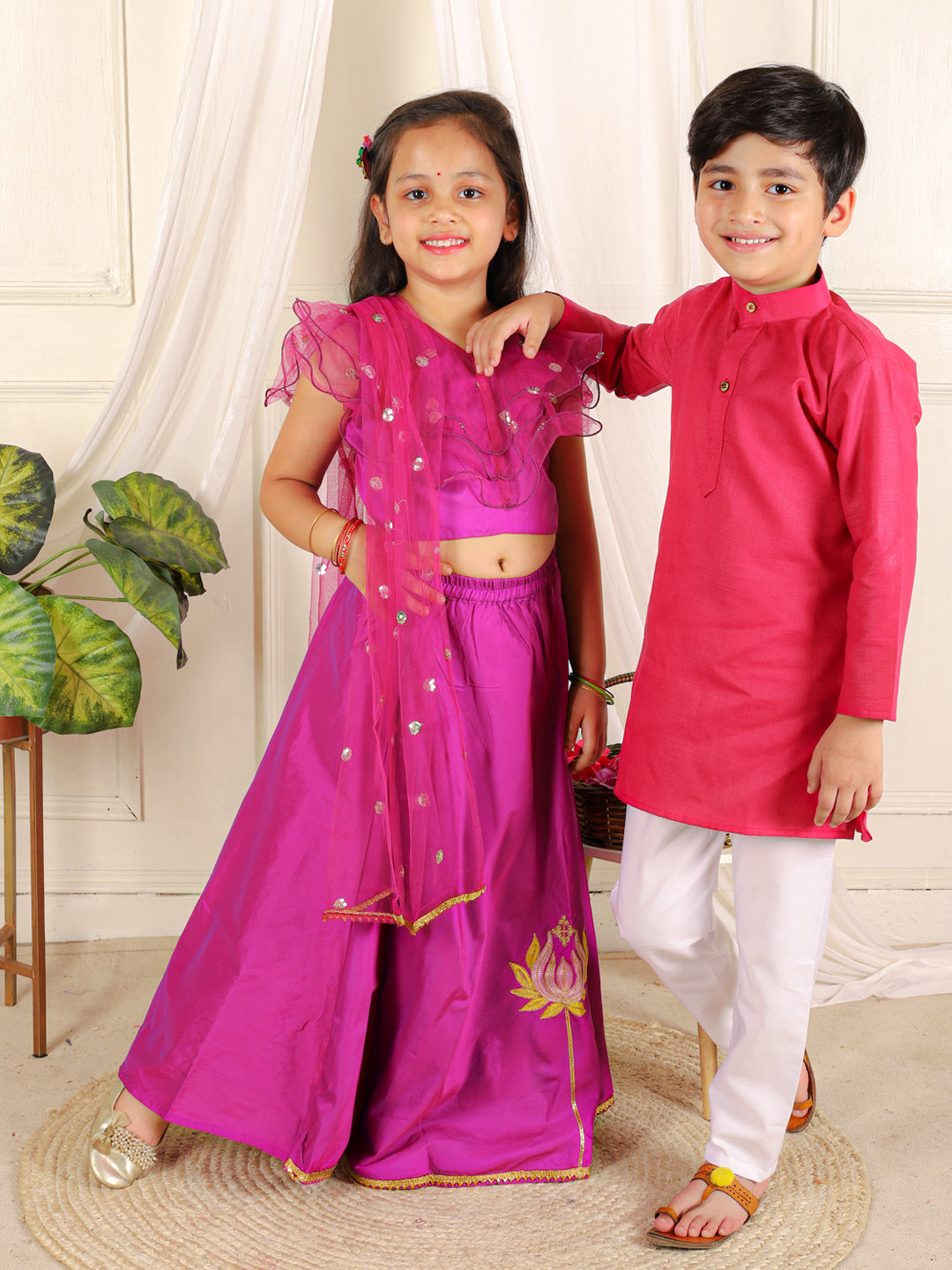 BownBee Lotus Embroidery Lehenga with Ruffle Sequin Top for Girls and Cotton Full Sleeve Cotton Kurta Pajama for Boys- Pink