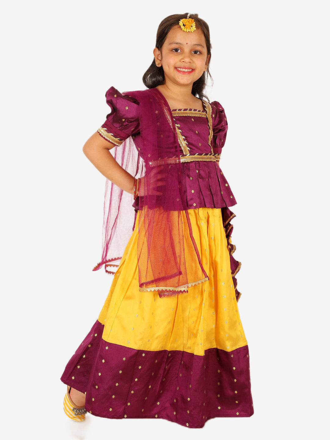 BownBee Puff Sleeve Purple Top Lehenga with Dupatta for Girls and Full Sleeve Festive Dhoti Kurta for Boys-Yellow