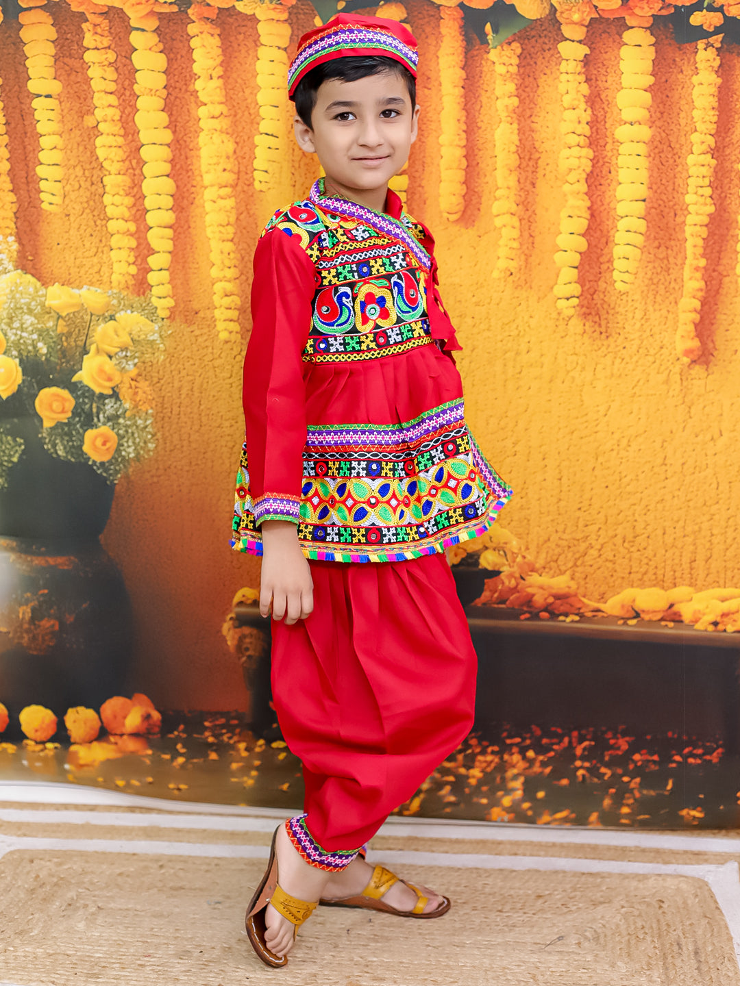 BownBee Embroidered kediya with Dhoti and Cap for Boys- Red