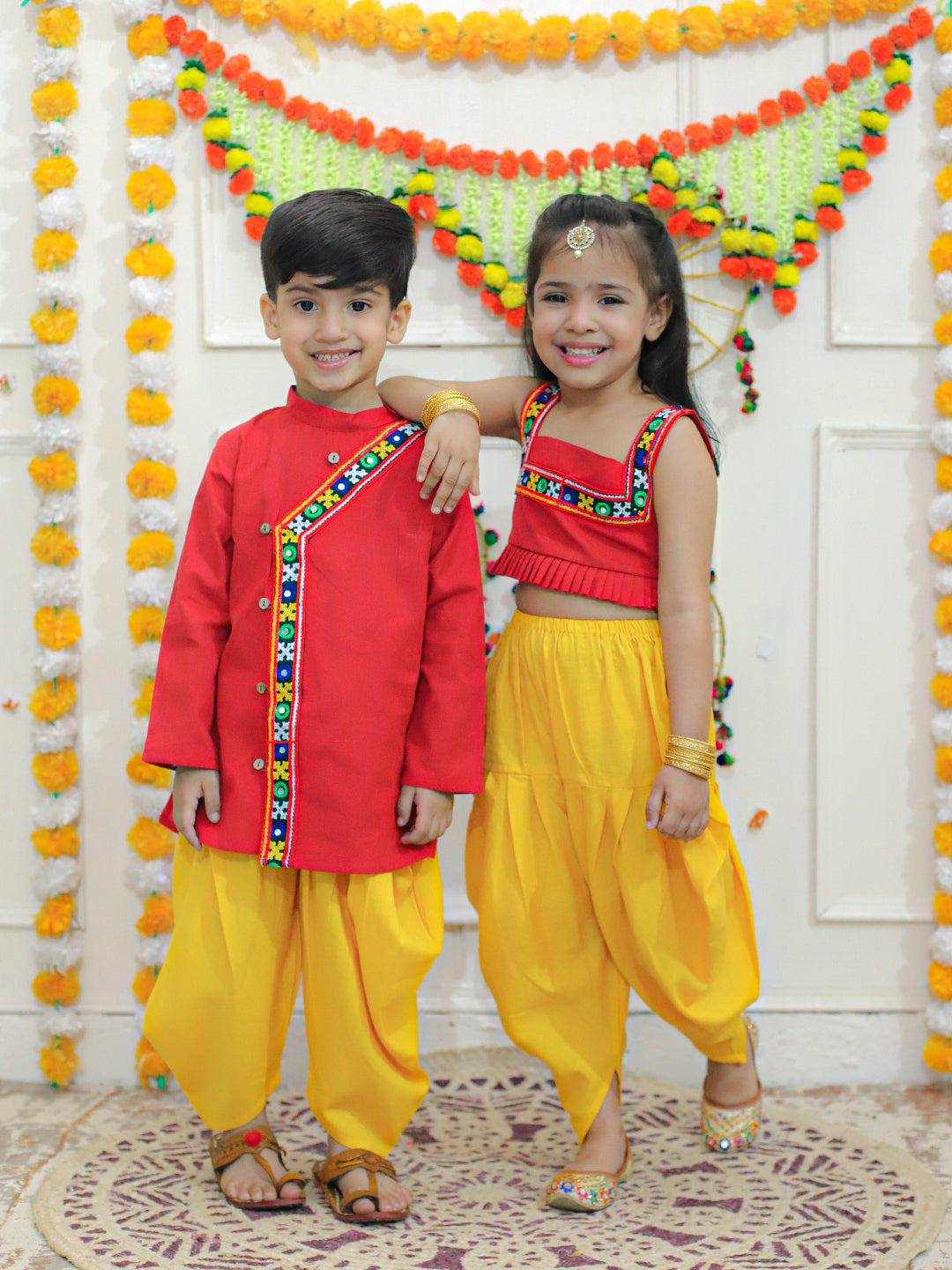 BownBee Embroidered Cotton Kurtawith Dhoti for Boys- Red with Embroidered Cotton Top with Dhoti for Girls- Red