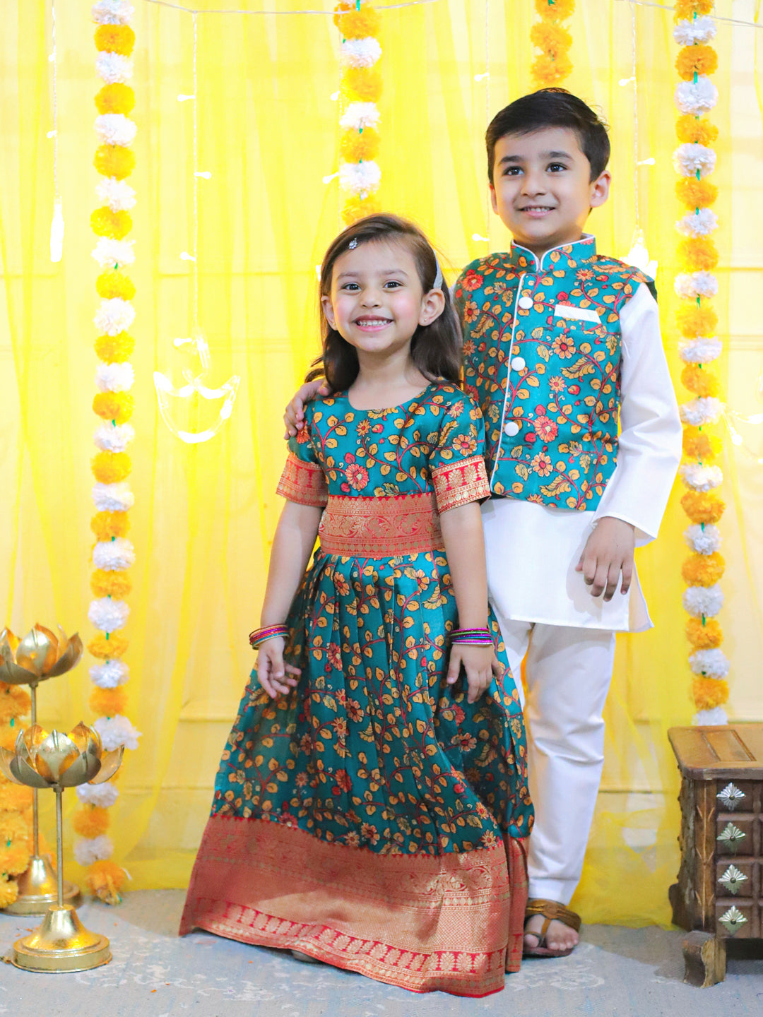 BownBee Kalamkari Print Party Dress Gown for Girls and Printed Jacket with Kurta Pajama for Boys