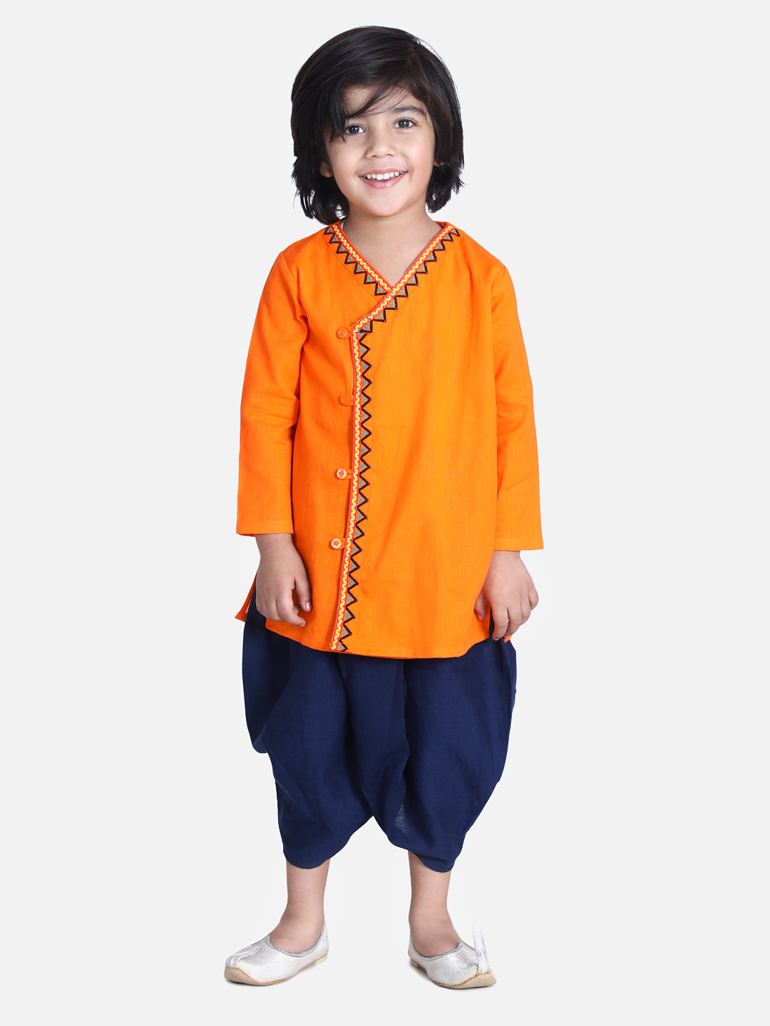 BownBee Sibling Set Front Open Embroidered Kurta Dhoti and Mor Embroidery Top Dhoti-Orange