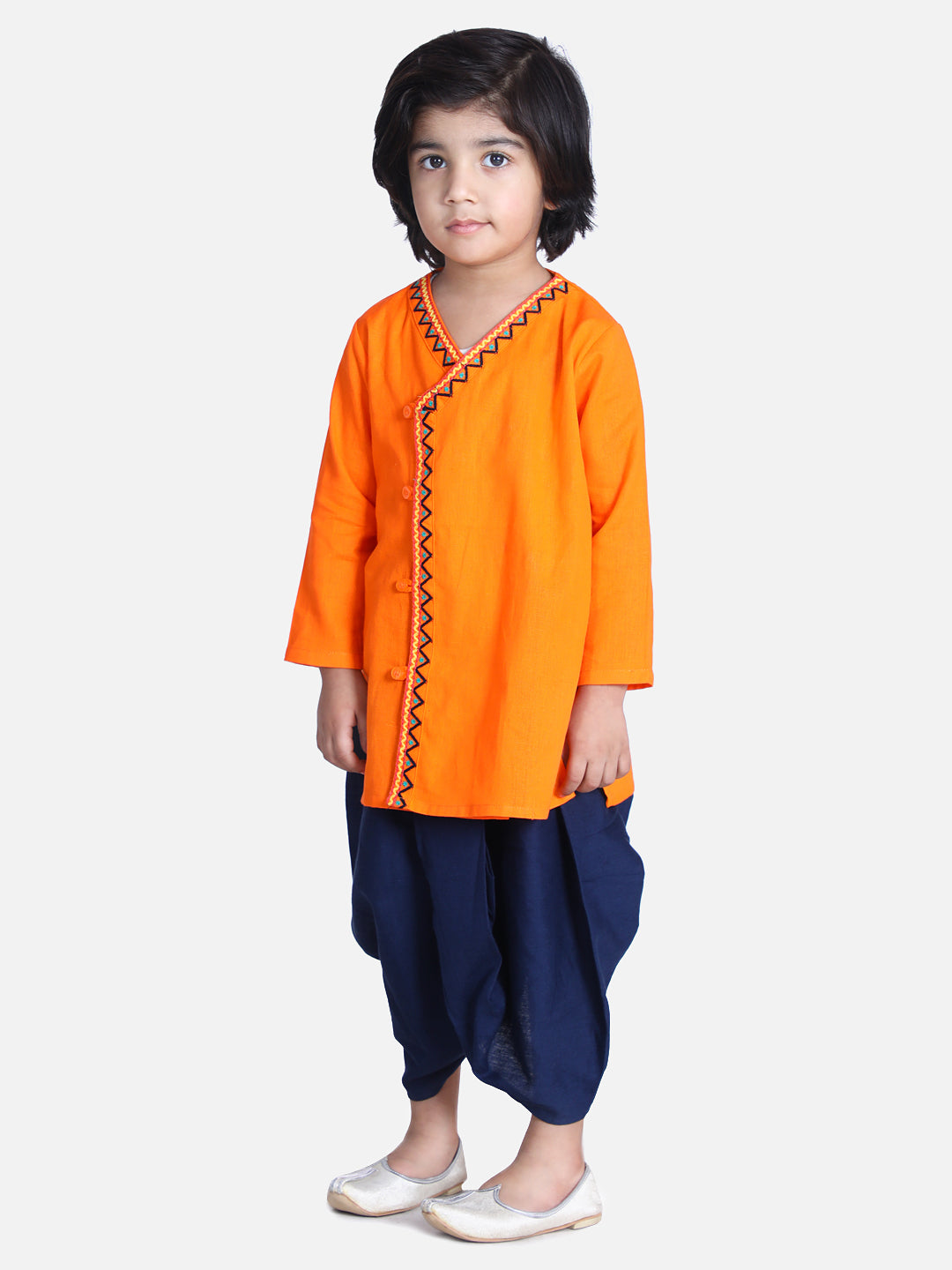 BownBee Sibling Set Front Open Embroidered Kurta Dhoti and Mor Embroidery Top Dhoti-Orange