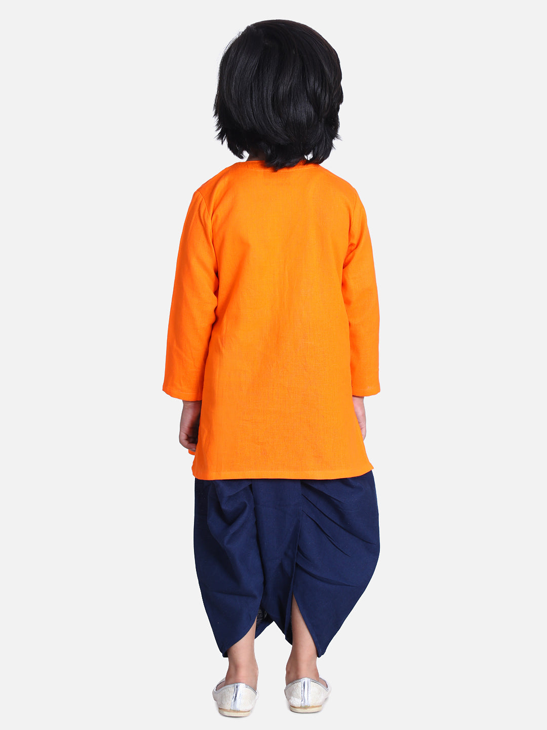 BownBee Sibling Set Front Open Embroidered Kurta Dhoti and Mor Embroidery Top Dhoti-Orange