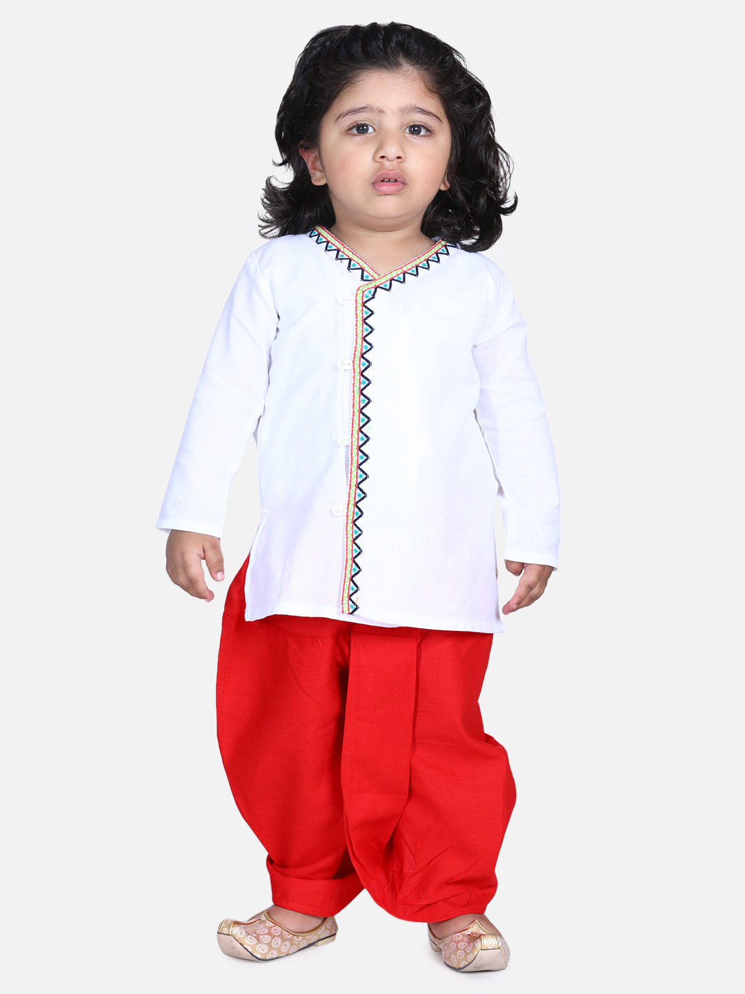 BownBee Front Open Embroidered Kurta Dhoti for Boys- White