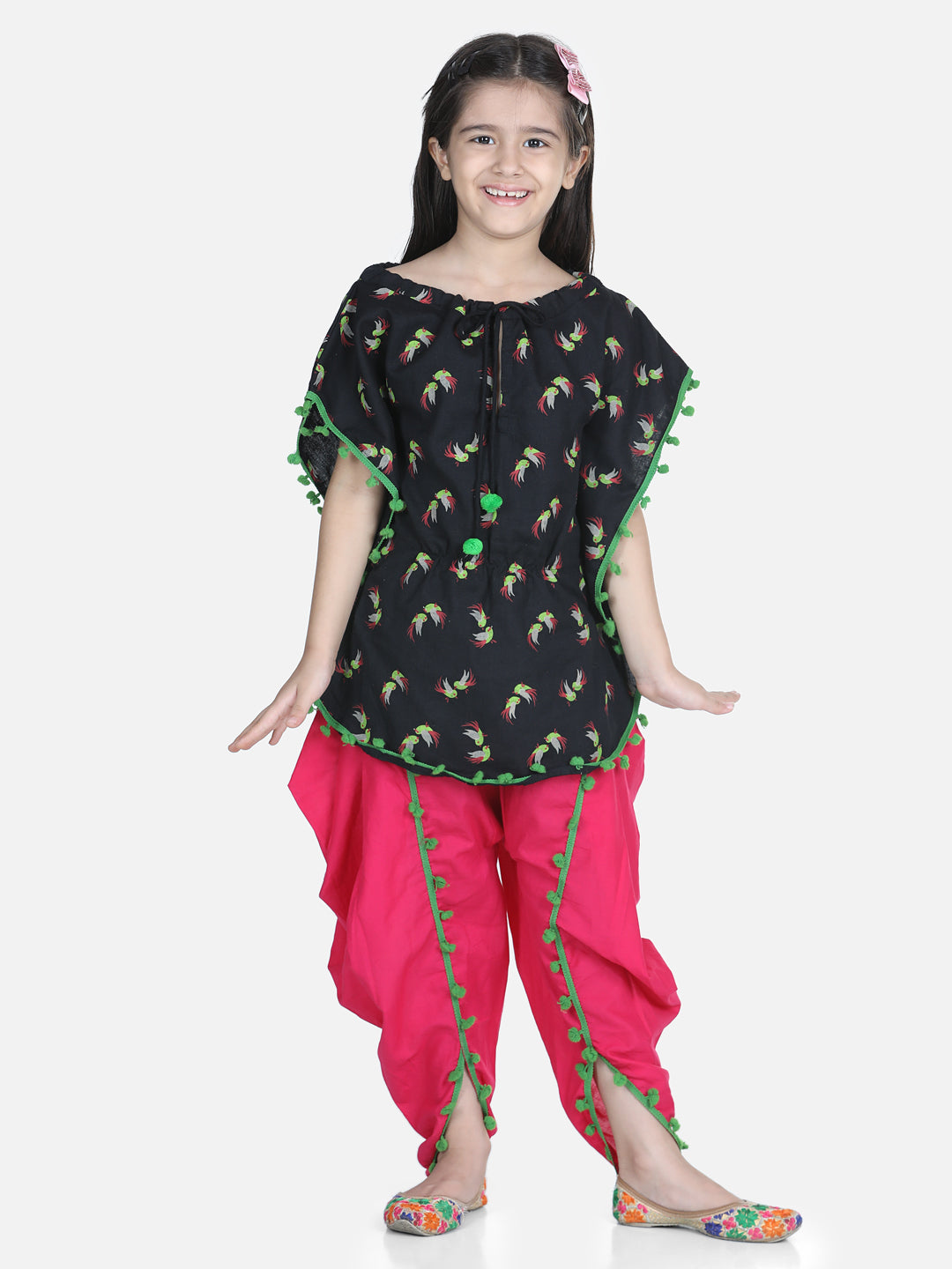 BownBee Half Sleeves Birds Printed Kurta & Sharara Set - Black & Pink