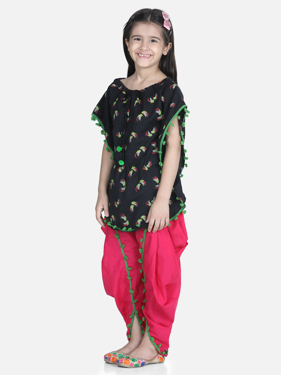 BownBee Half Sleeves Birds Printed Kurta & Sharara Set - Black & Pink