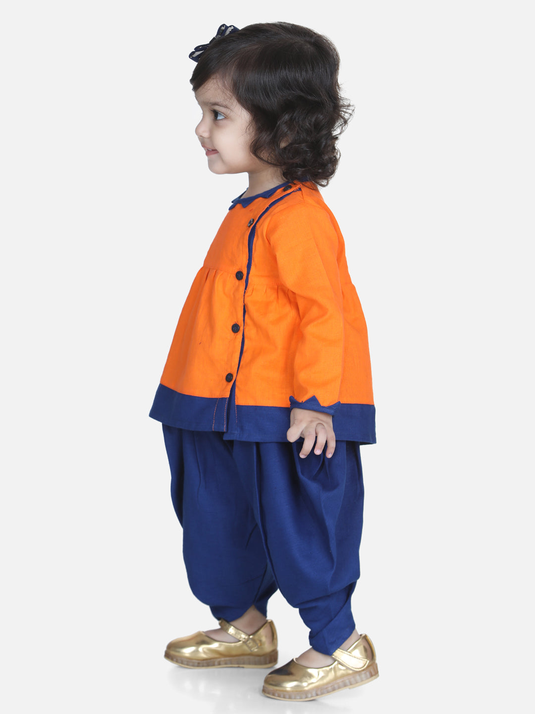 BownBee Sibling Set Front Open Embroidered Kurta Dhoti and Mor Embroidery Top Dhoti-Orange