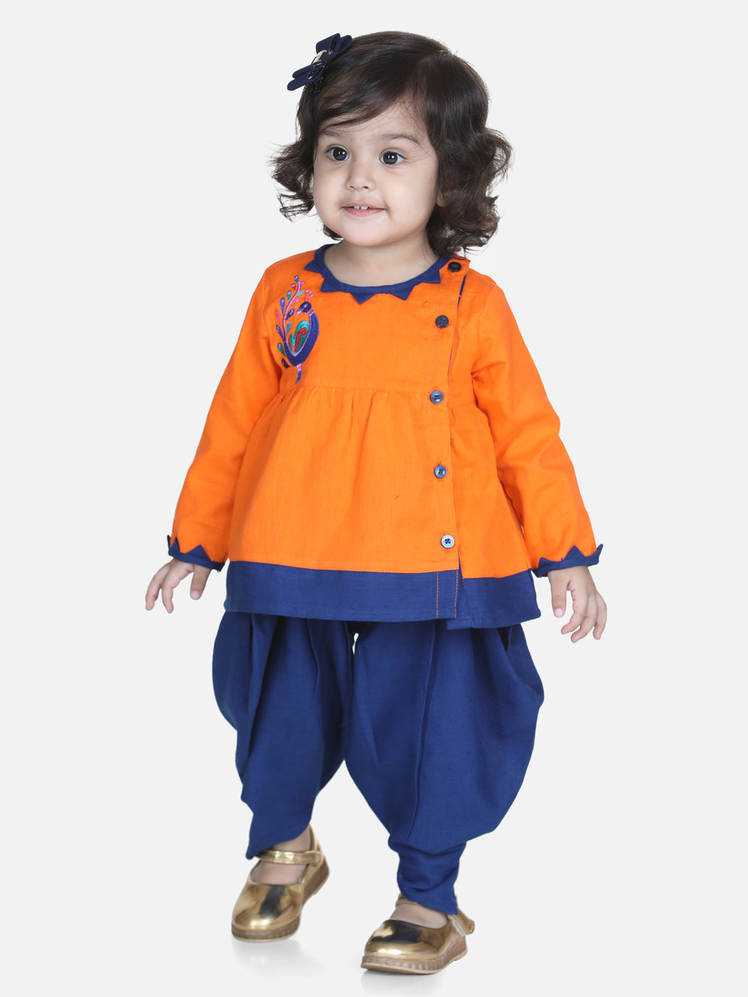 BownBee Sibling Set Front Open Embroidered Kurta Dhoti and Mor Embroidery Top Dhoti-Orange