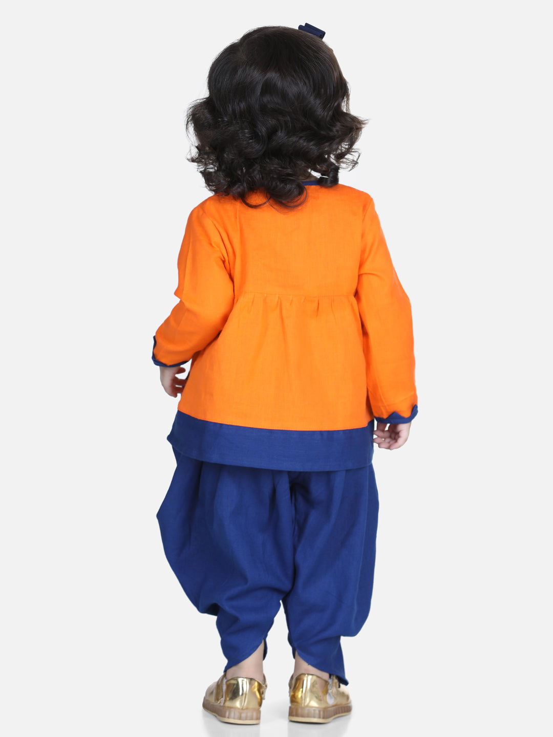 BownBee Sibling Set Front Open Embroidered Kurta Dhoti and Mor Embroidery Top Dhoti-Orange