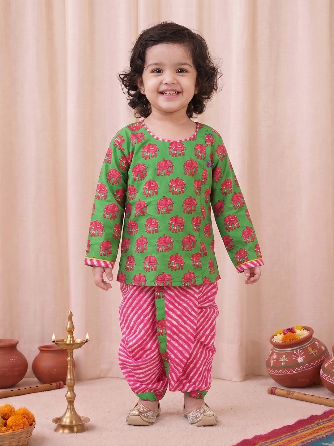 BownBee Sibling Sets Hathi Print Pure Cotton Choli  Leheriya Lehenga for Girls
