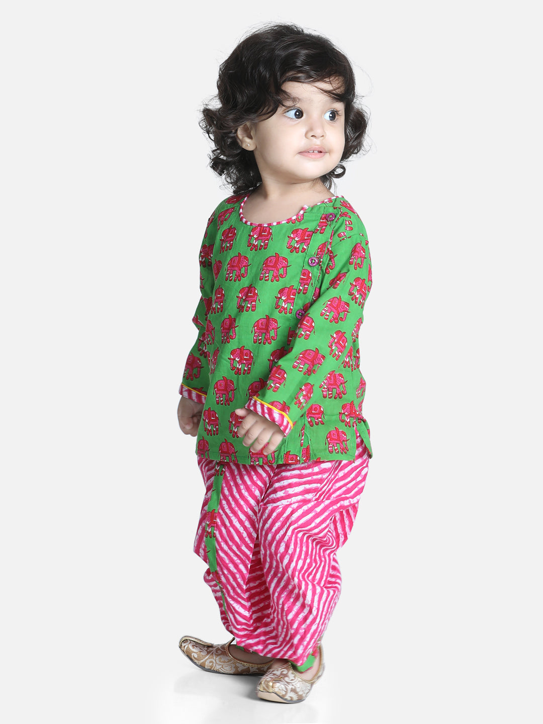 BownBee Sibling Sets Hathi Print Pure Cotton Choli  Leheriya Lehenga for Girls-and Dhoti Kurta for Boys Green