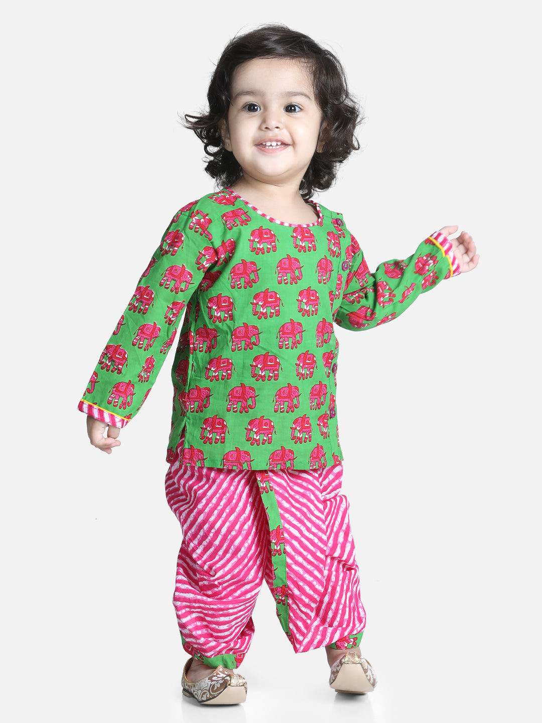 BownBee Sibling Sets Hathi Print Pure Cotton Choli  Leheriya Lehenga for Girls-and Dhoti Kurta for Boys Green