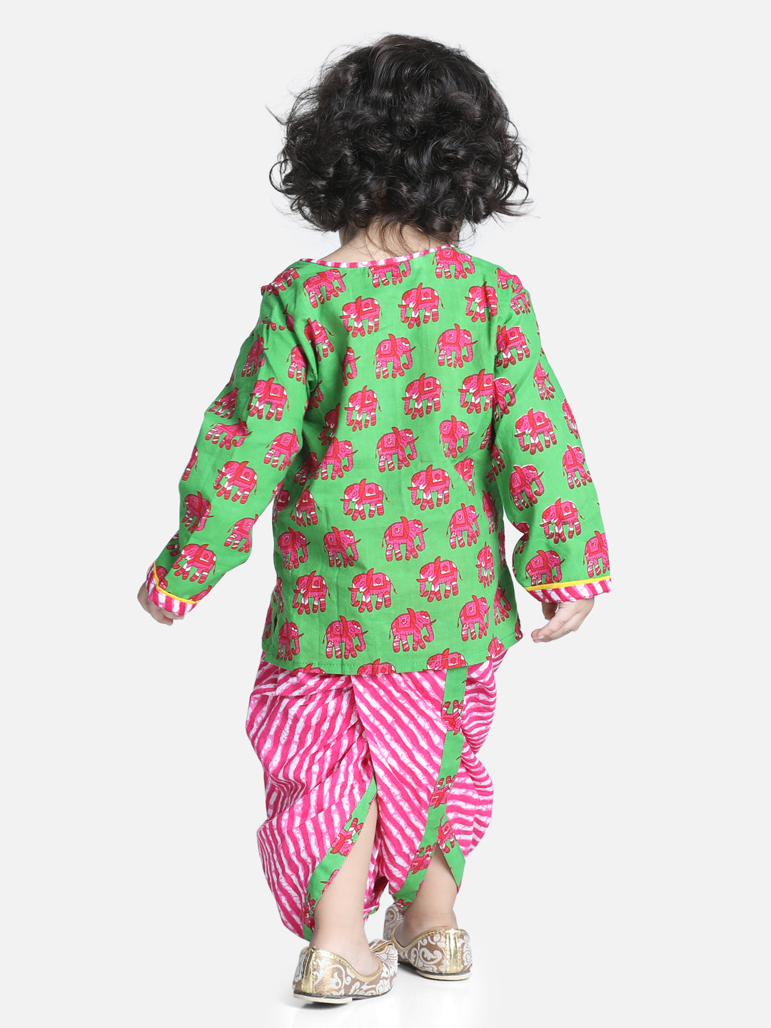 BownBee Sibling Sets Hathi Print Pure Cotton Choli  Leheriya Lehenga for Girls-and Dhoti Kurta for Boys - Green