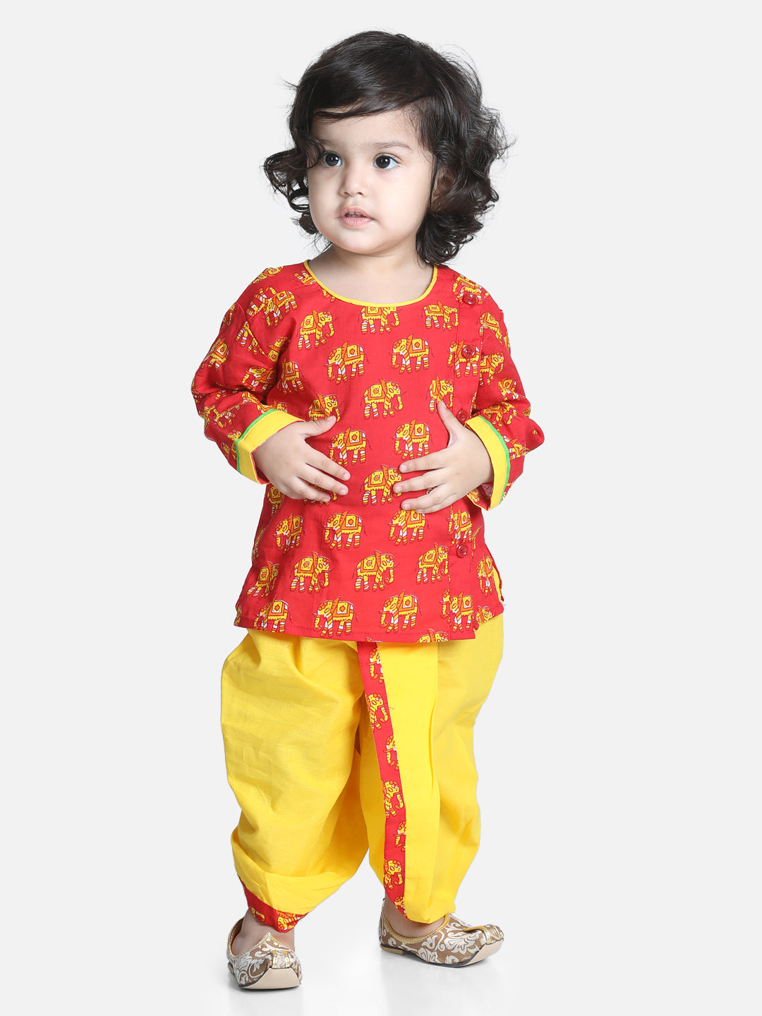 BownBee Boys Hathi Print Infant Cotton Dhoti kurta Sets - Red