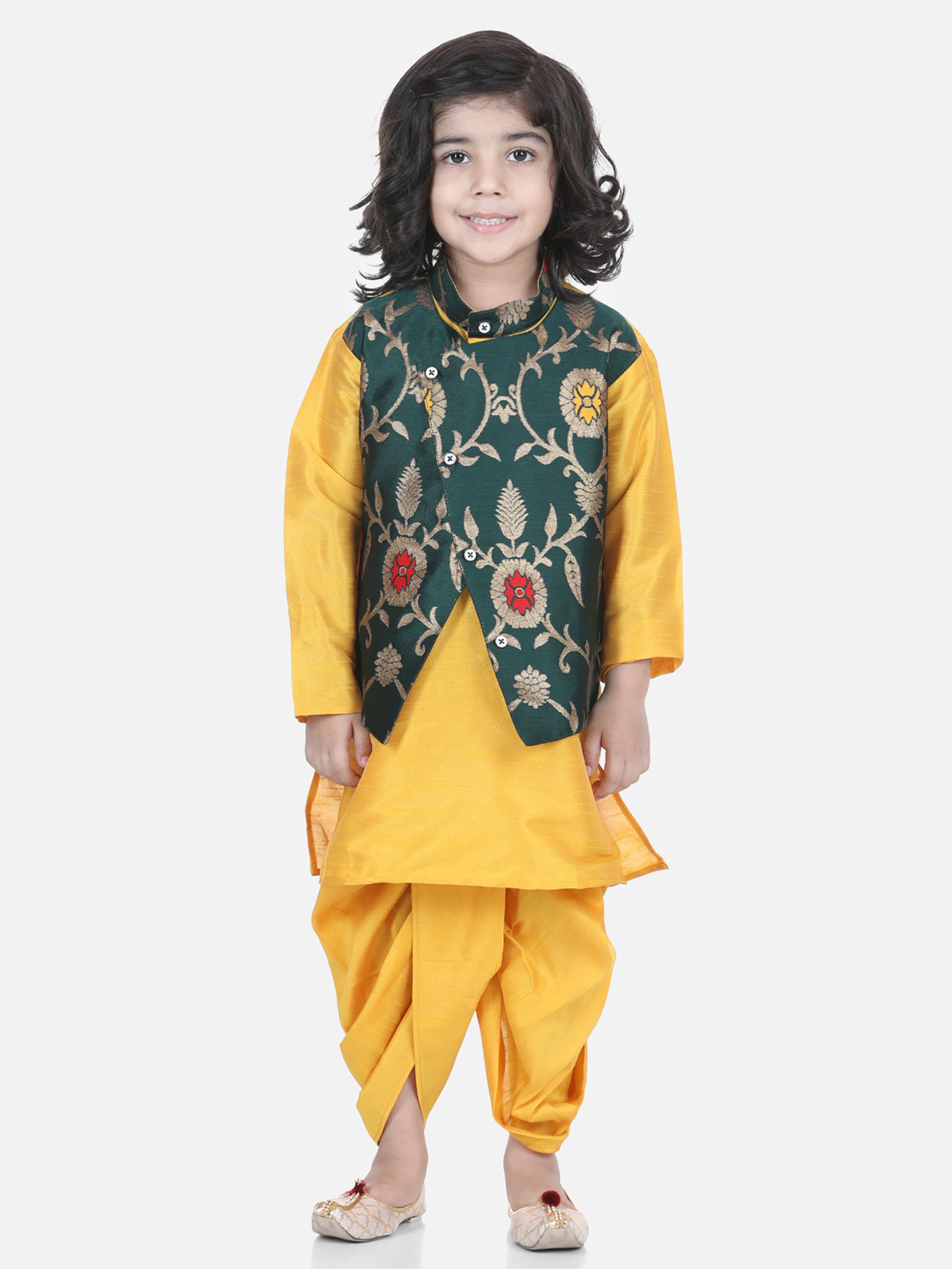 BownBee Sibling Sets Attached Dhoti Kurta and One Shoulder Ruffle Peplum Dhoti Set- Green