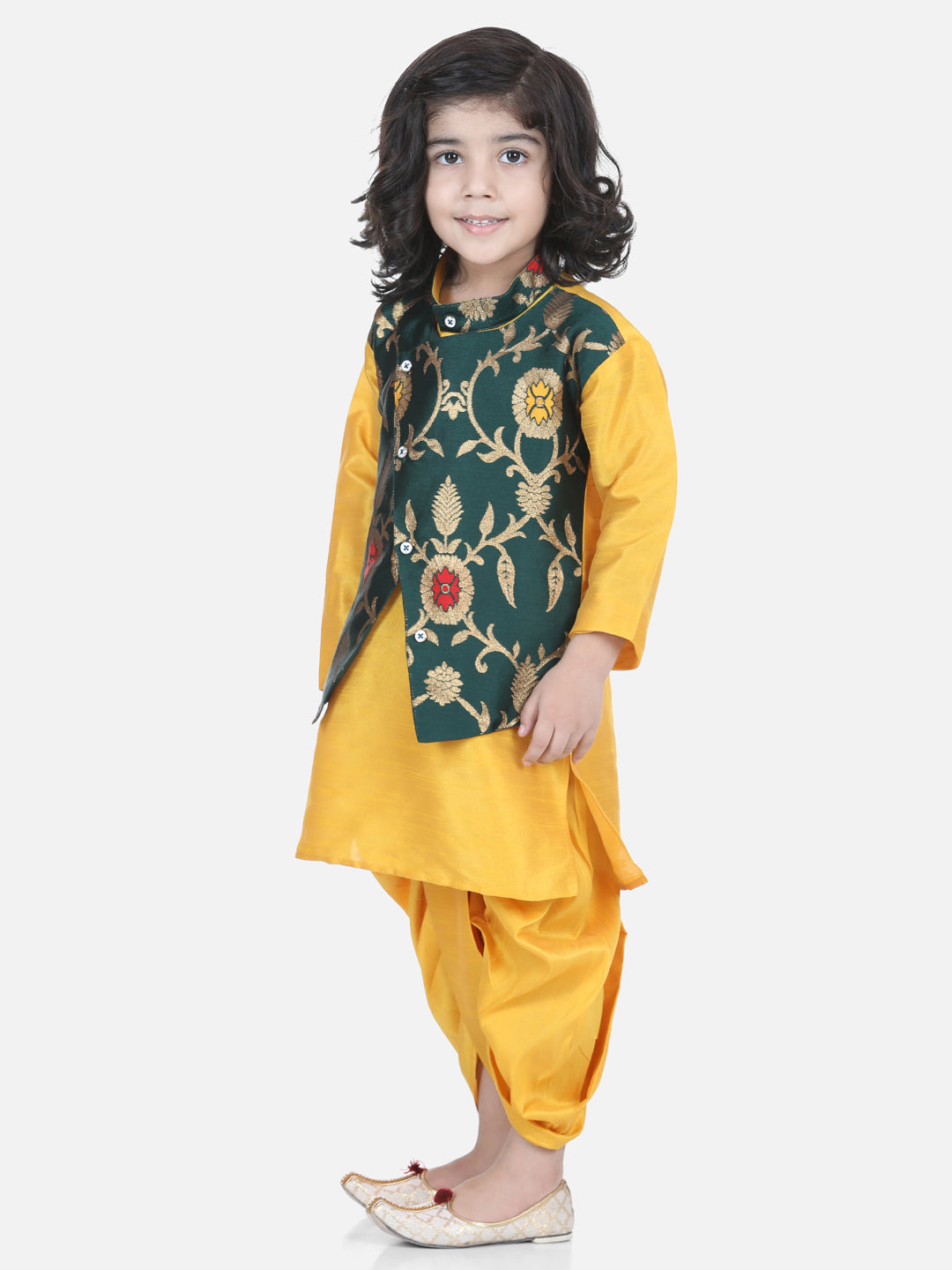 BownBee Sibling Sets Attached Dhoti Kurta and One Shoulder Ruffle Peplum Dhoti Set- Green