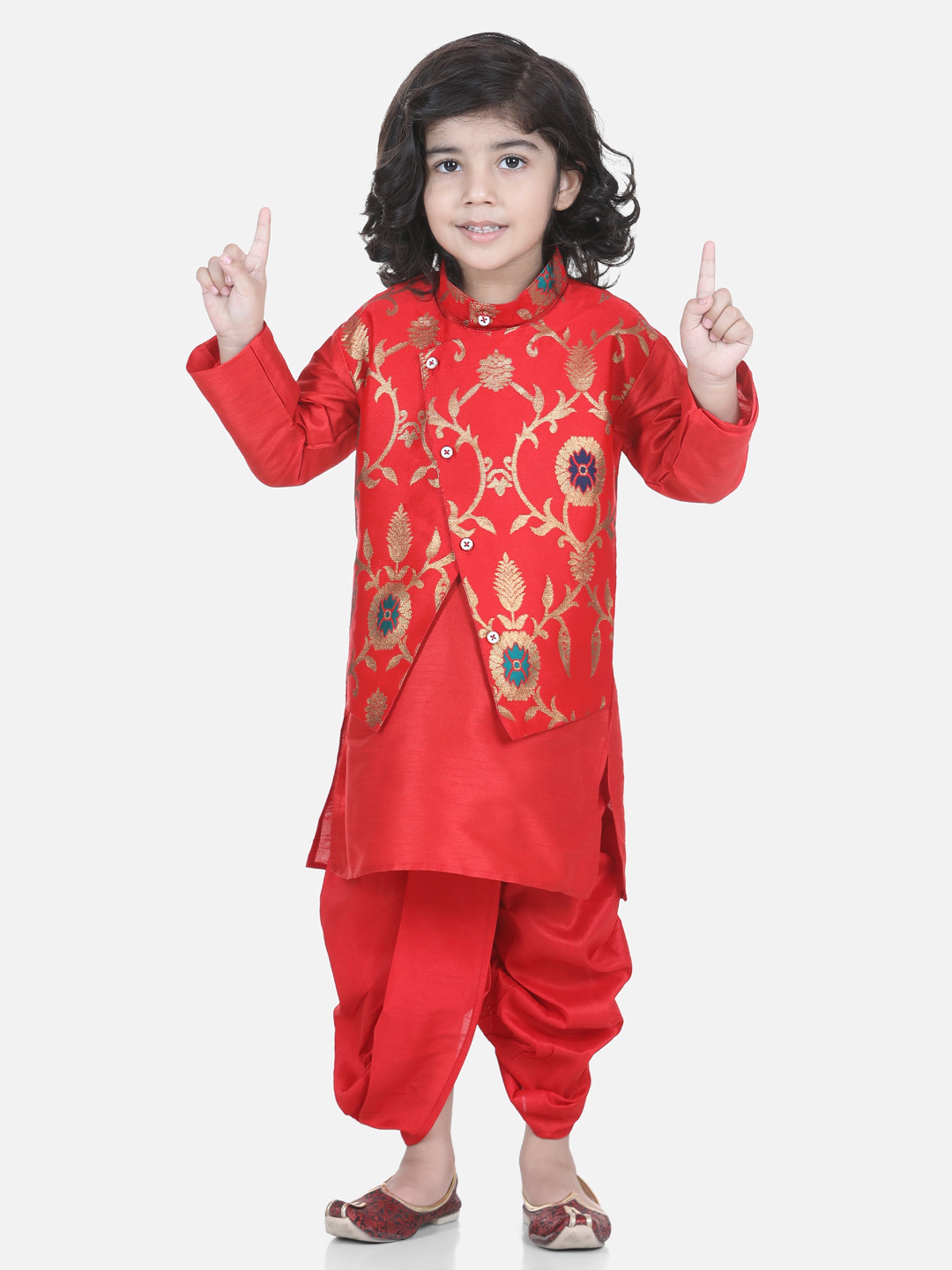 BownBee Sibling Sets Attached Dhoti Kurta and One Shoulder Ruffle Peplum Dhoti Set-Red