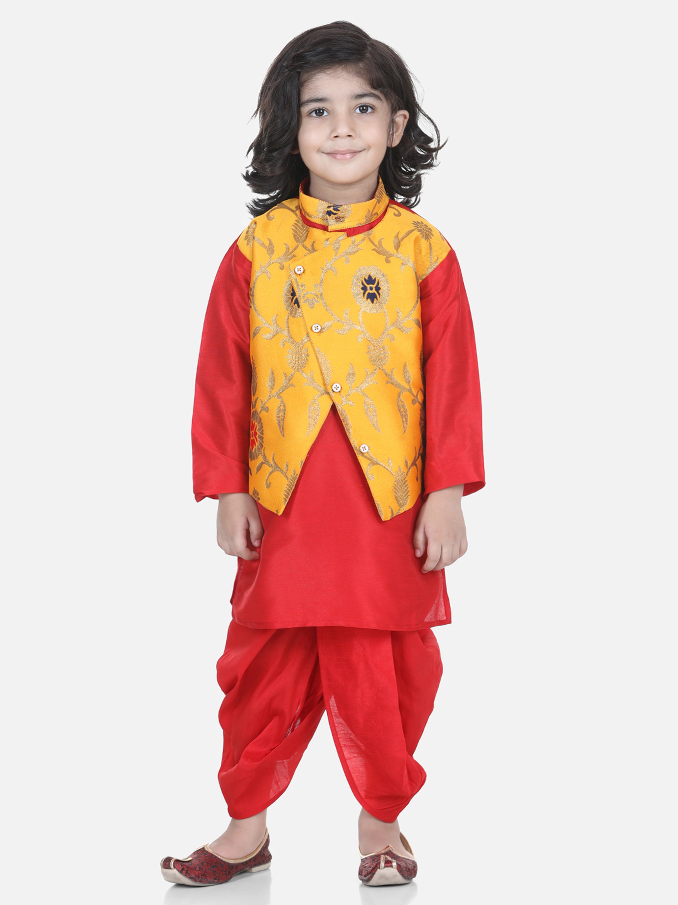 BownBee Sibling Sets Attached Dhoti Kurta and One Shoulder Ruffle Peplum Dhoti Set- Yellow