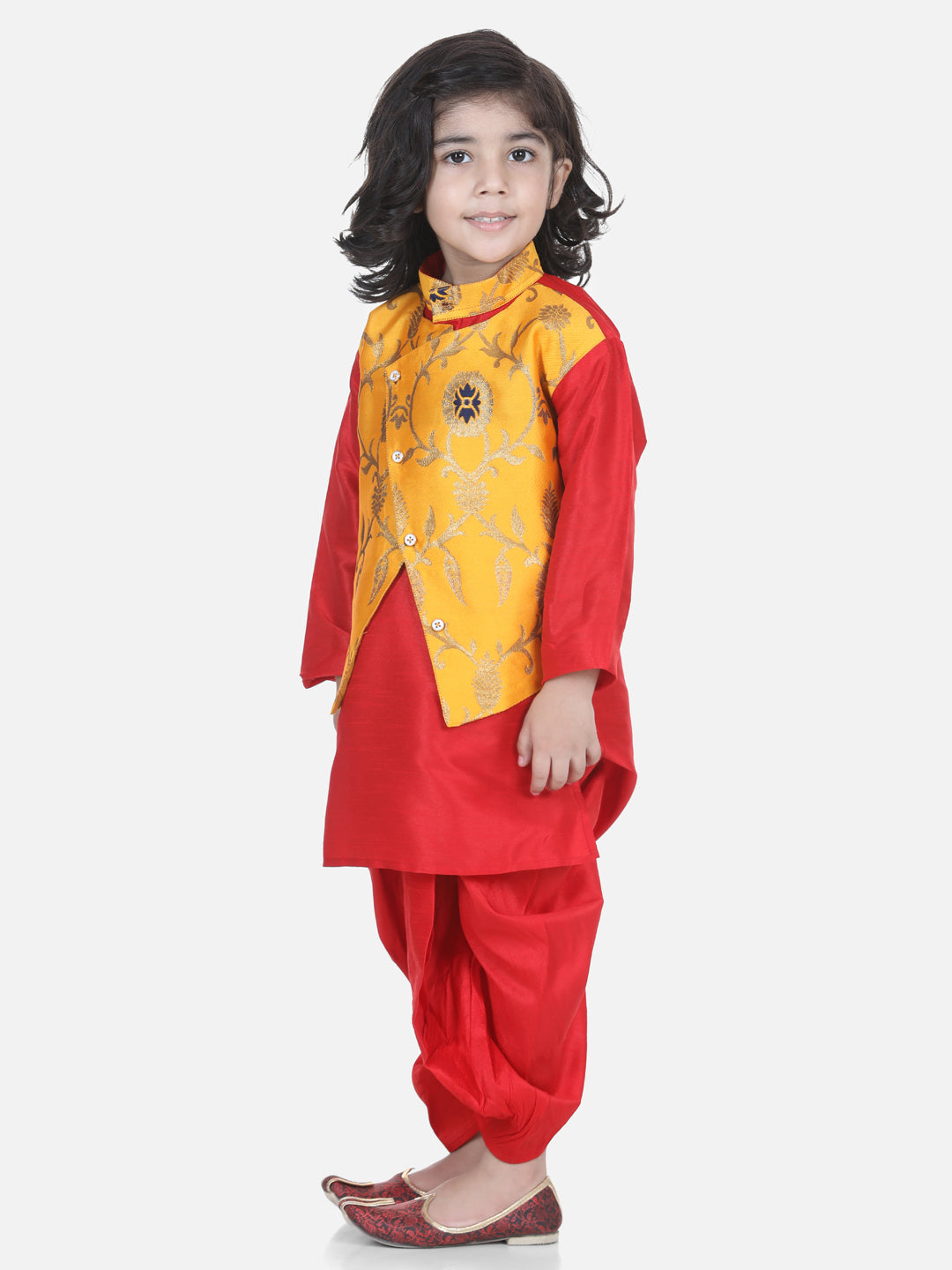 BownBee Sibling Sets Attached Dhoti Kurta and One Shoulder Ruffle Peplum Dhoti Set- Yellow